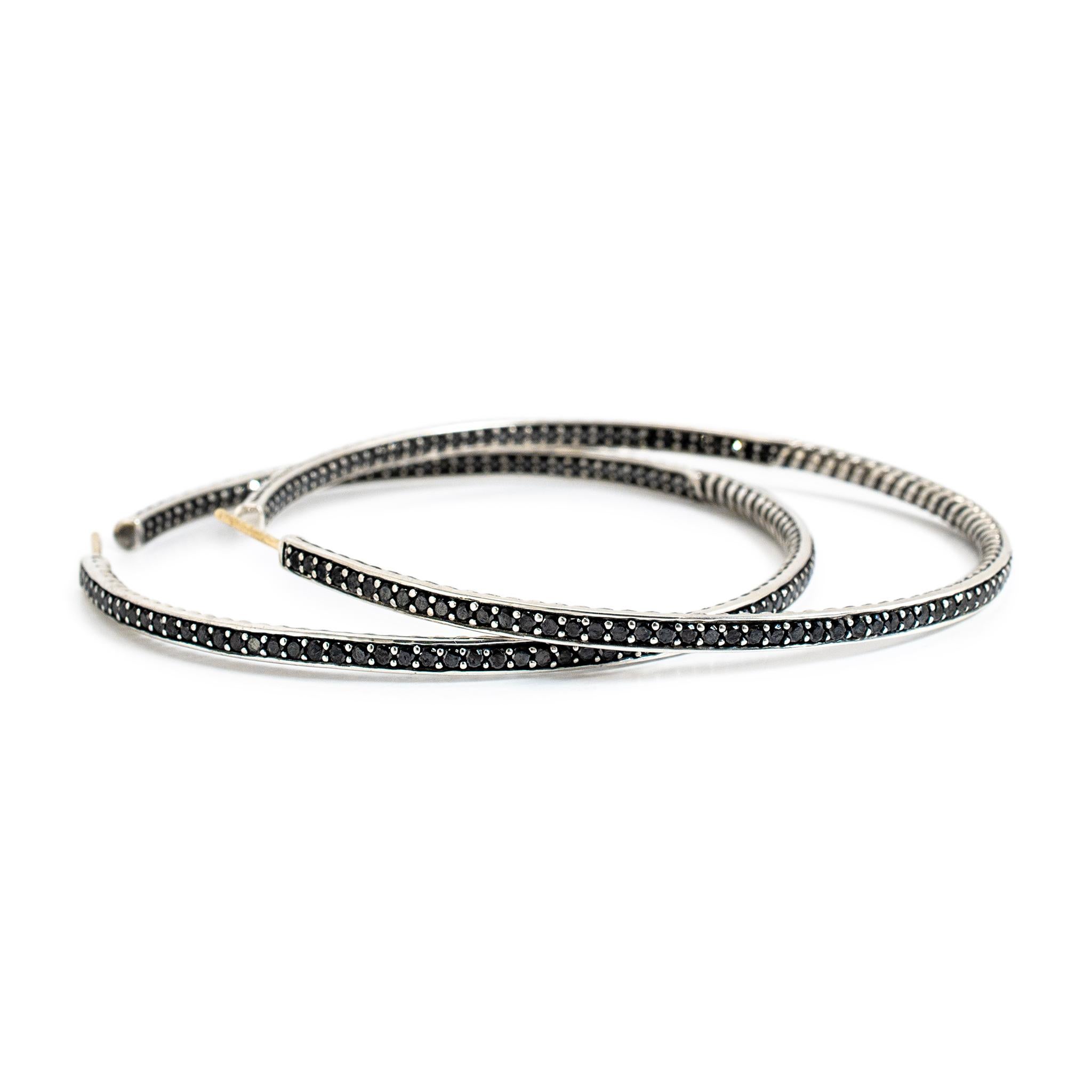 David Yurman 925 Silver Large 2.10ctw Diamond Inside-Out Cable Hoop Earrings In Excellent Condition For Sale In Houston, TX