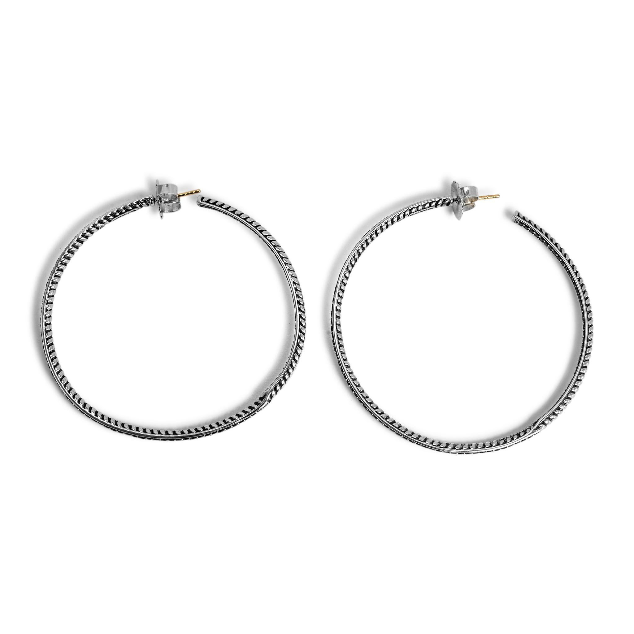Women's David Yurman 925 Silver Large 2.10ctw Diamond Inside-Out Cable Hoop Earrings For Sale
