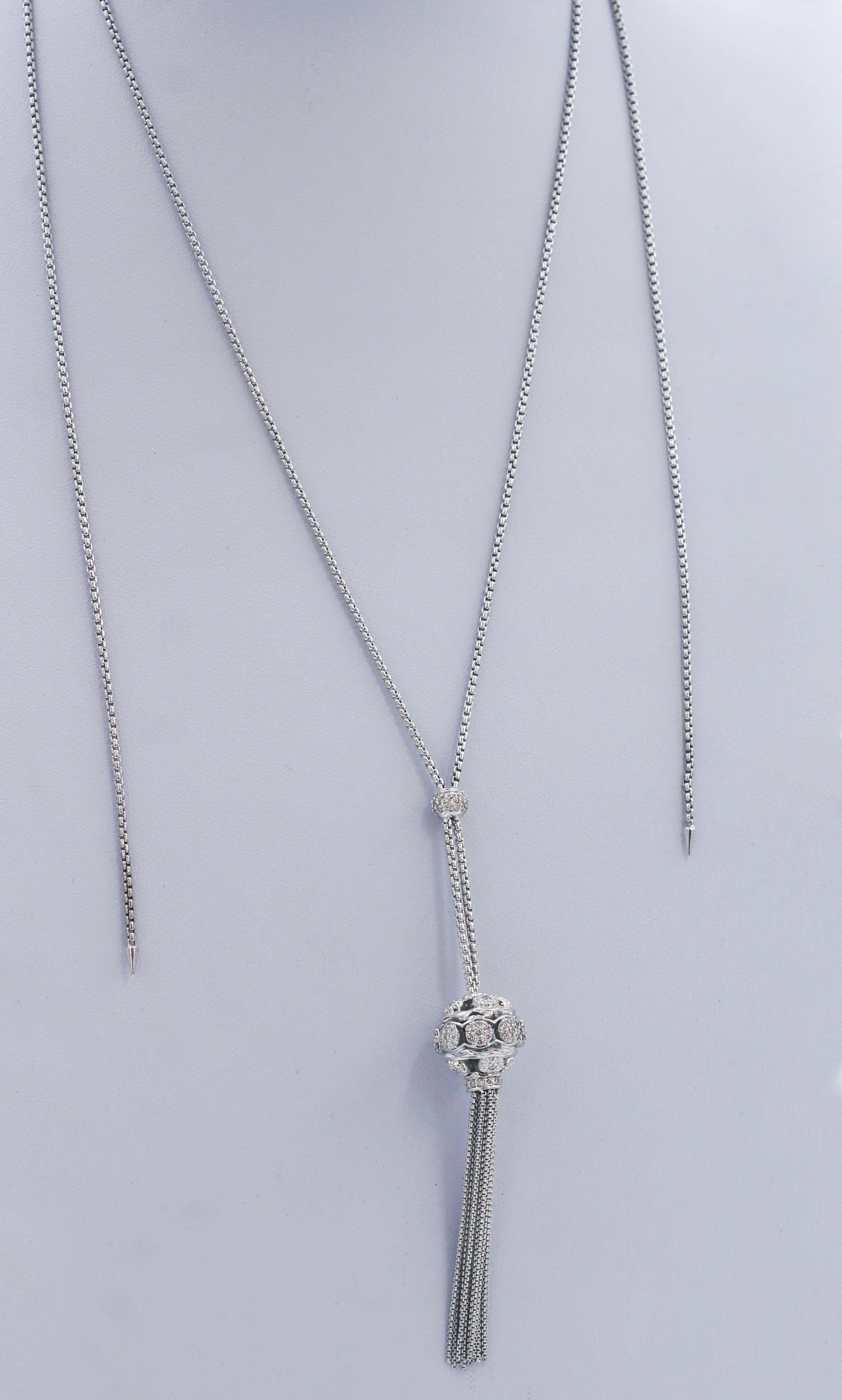 Round Cut David Yurman 925 Silver Osetra Diamond Tassel Necklace For Sale
