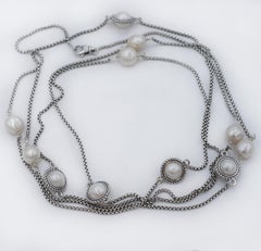 David Yurman 925 Silver Pearl Cable Station Long Necklace