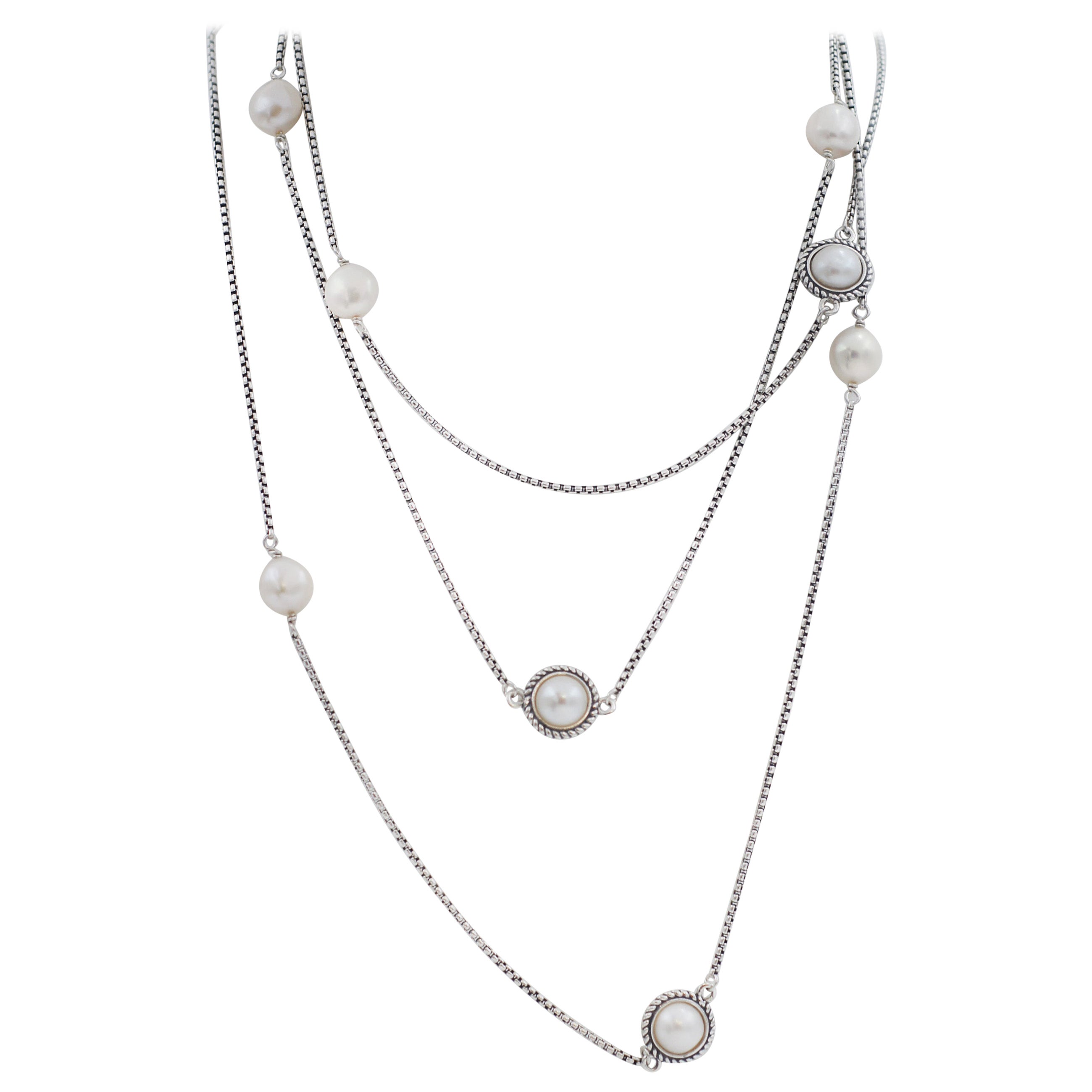 David Yurman Collar largo de perlas con cable de plata 925