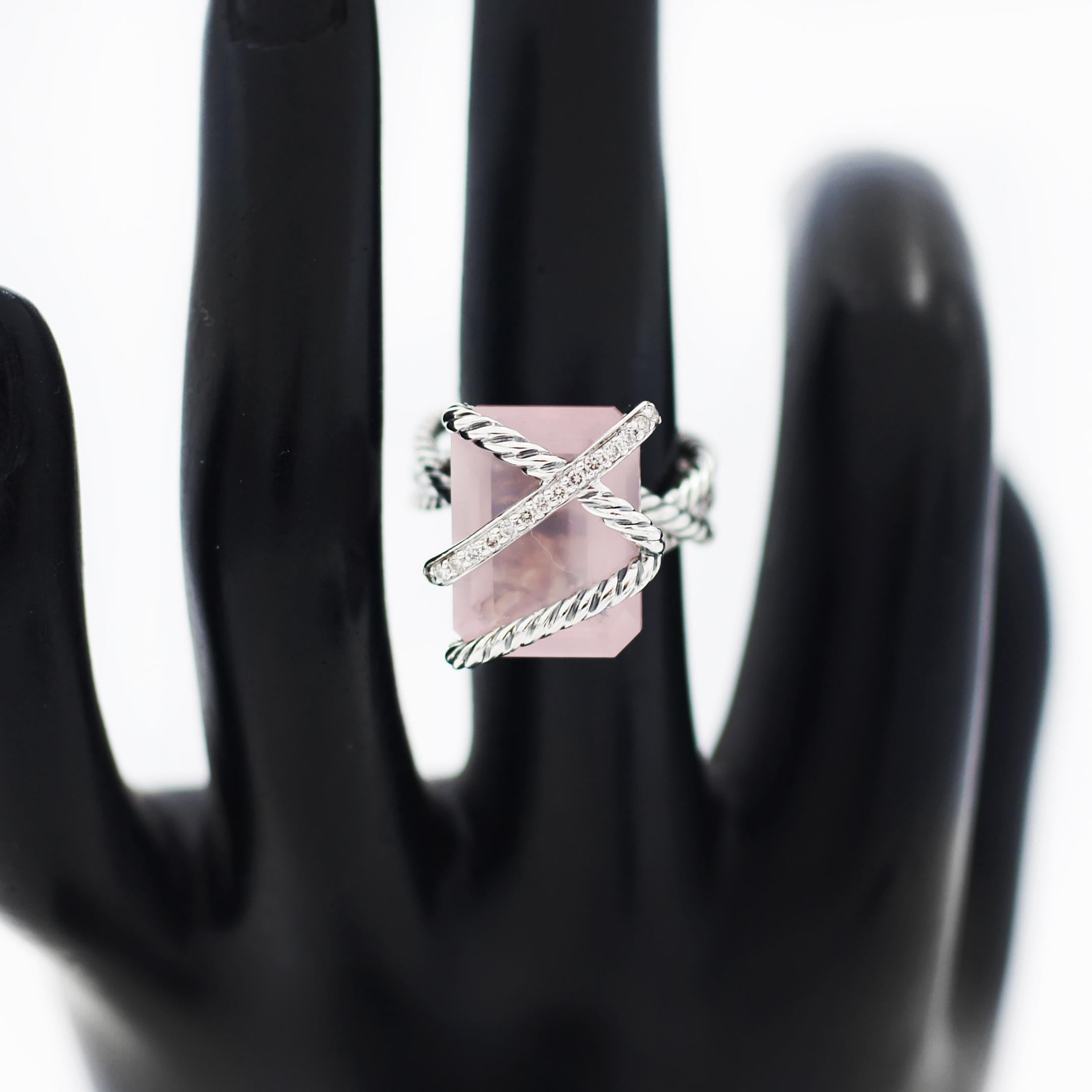 David Yurman
Cable Wrap Ring
This designs redefines how a gemstone is set, elegantly wrapping the stone with strands of Cable instead of prongs or a bezel.
925 Sterling silver
Approx. 9.40 Carat Faceted Rectangular Rose Quartz
Pavé-set