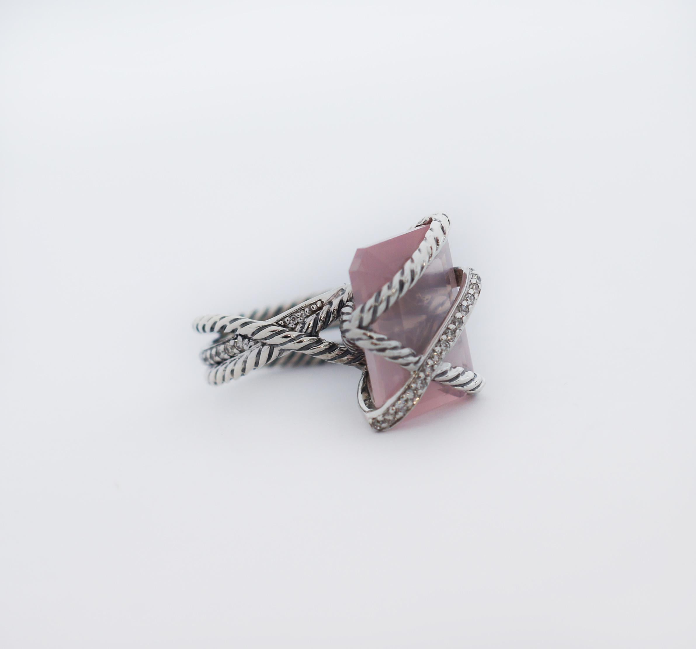 Women's or Men's DAVID YURMAN 925 Silver Rose Quartz & Diamond Cable Wrap Ring For Sale