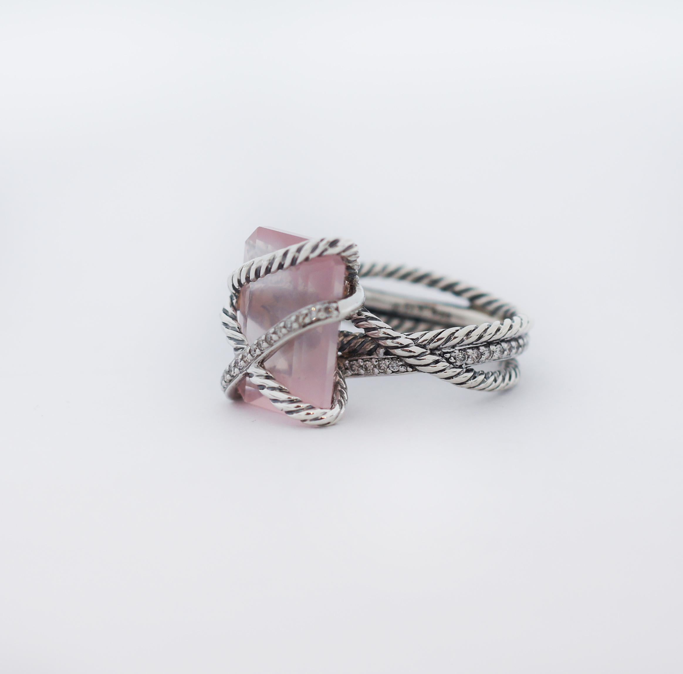 DAVID YURMAN 925 Silver Rose Quartz & Diamond Cable Wrap Ring For Sale 1
