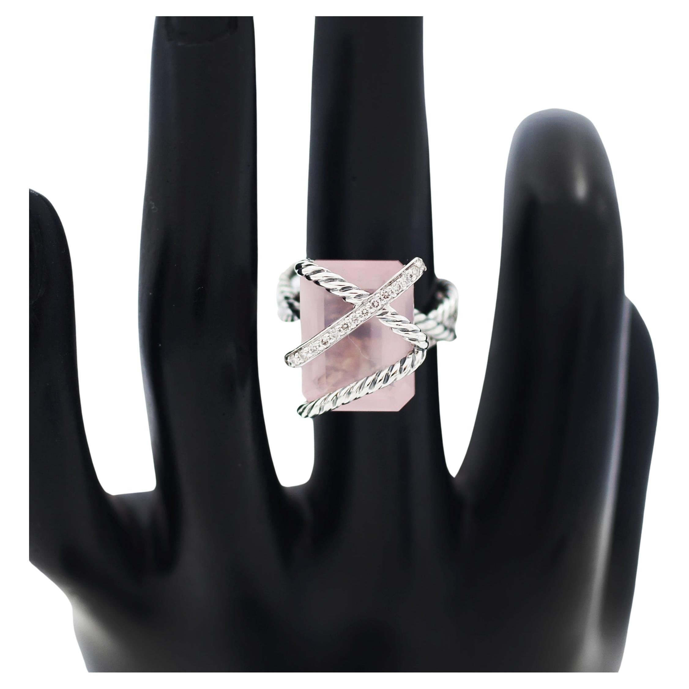 DAVID YURMAN Bague à câble en argent 925 avec quartz rose et diamants