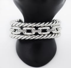 David Yurman 925 Silver Wellesley Link Pave Diamond Three-Row Cuff Bracelet