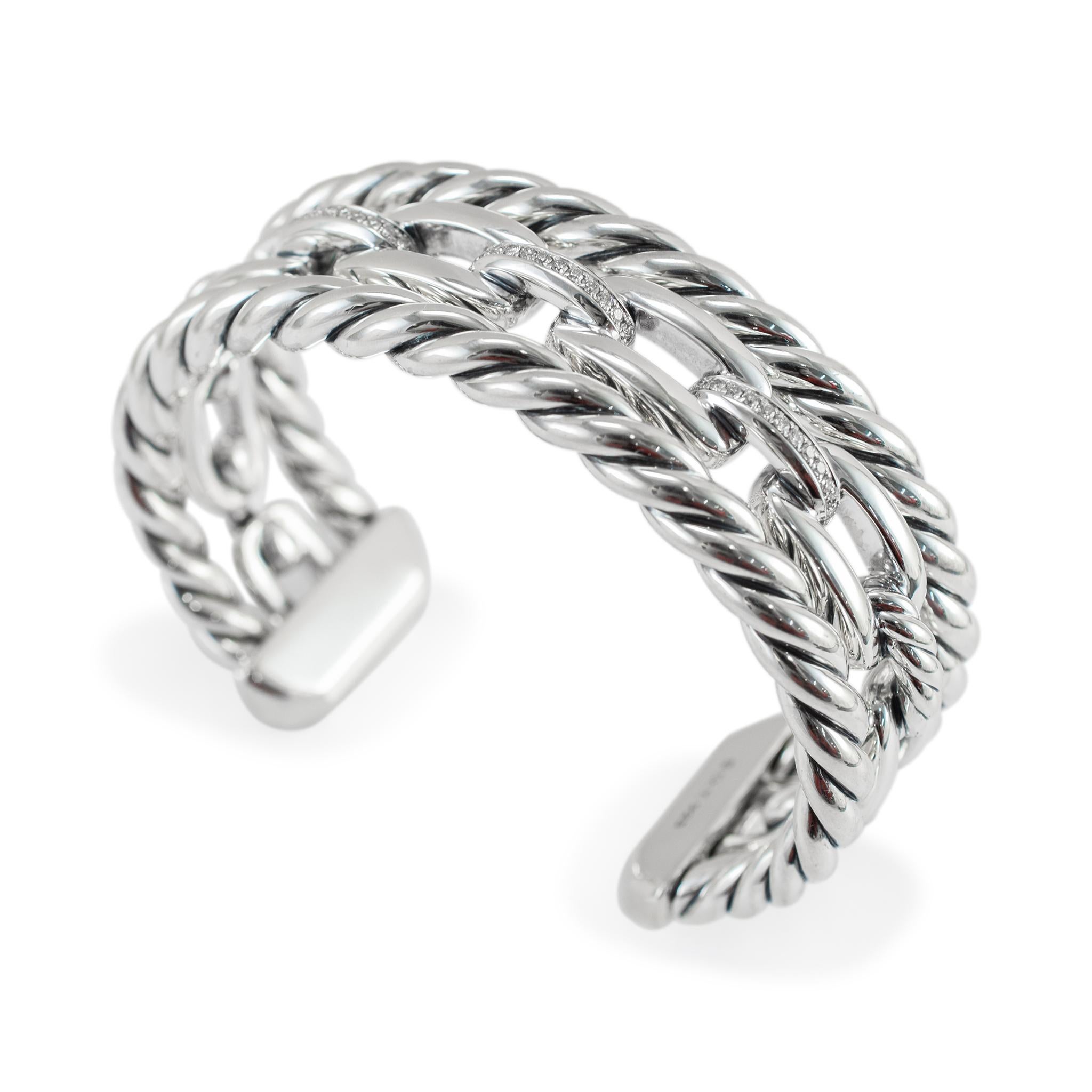 Brand: David Yurman

Gender: Ladies

Metal Type: 925 Silver

Length: 6.00 inches

Width: 23.40 mm

Weight: 100.15 grams

Ladies DAVID YURMAN designer polished silver, diamond bangle, cuff bracelet. Engraved with 