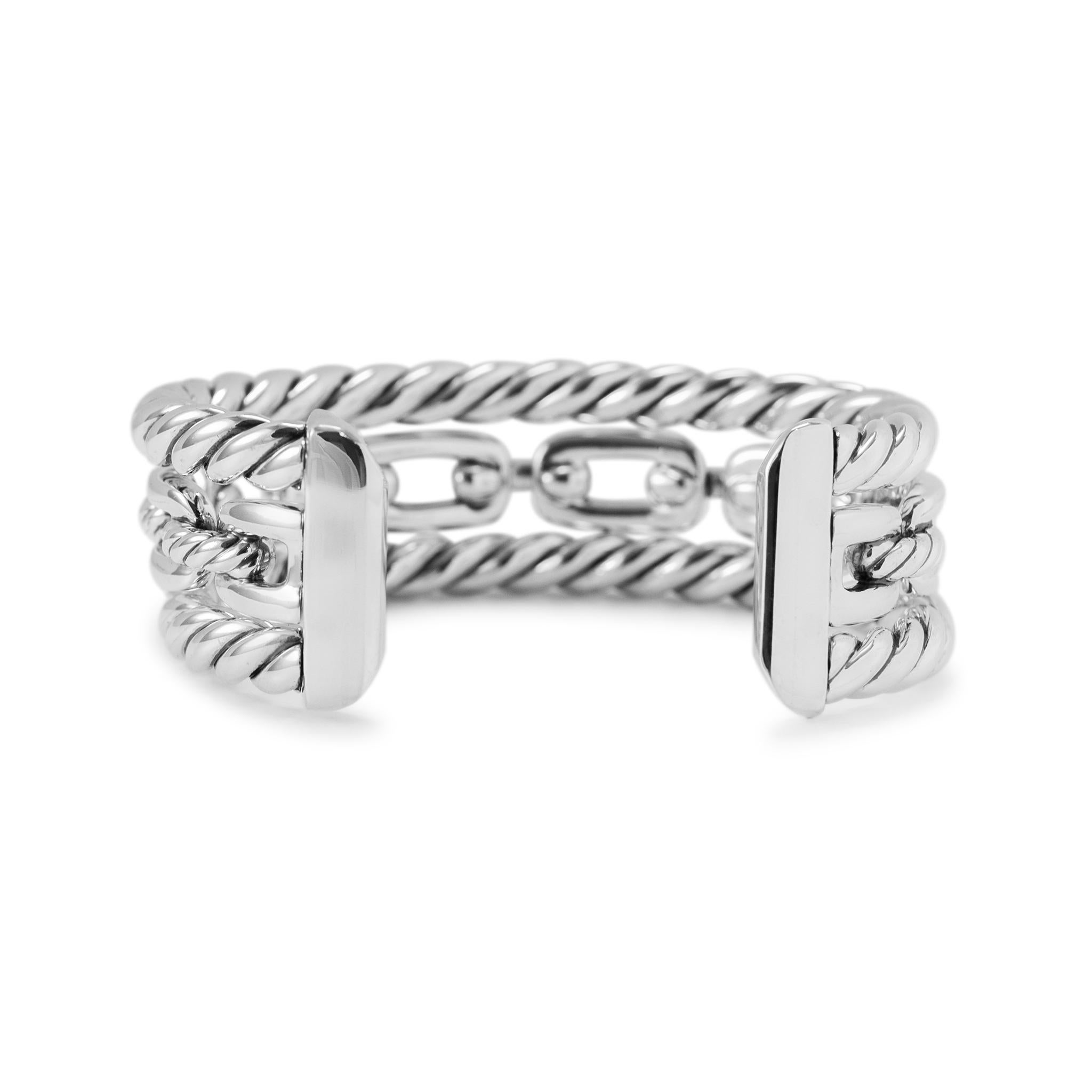 Round Cut David Yurman 925 Silver Wellesley Three-Row Diamond Cuff Bangle Bracelet For Sale