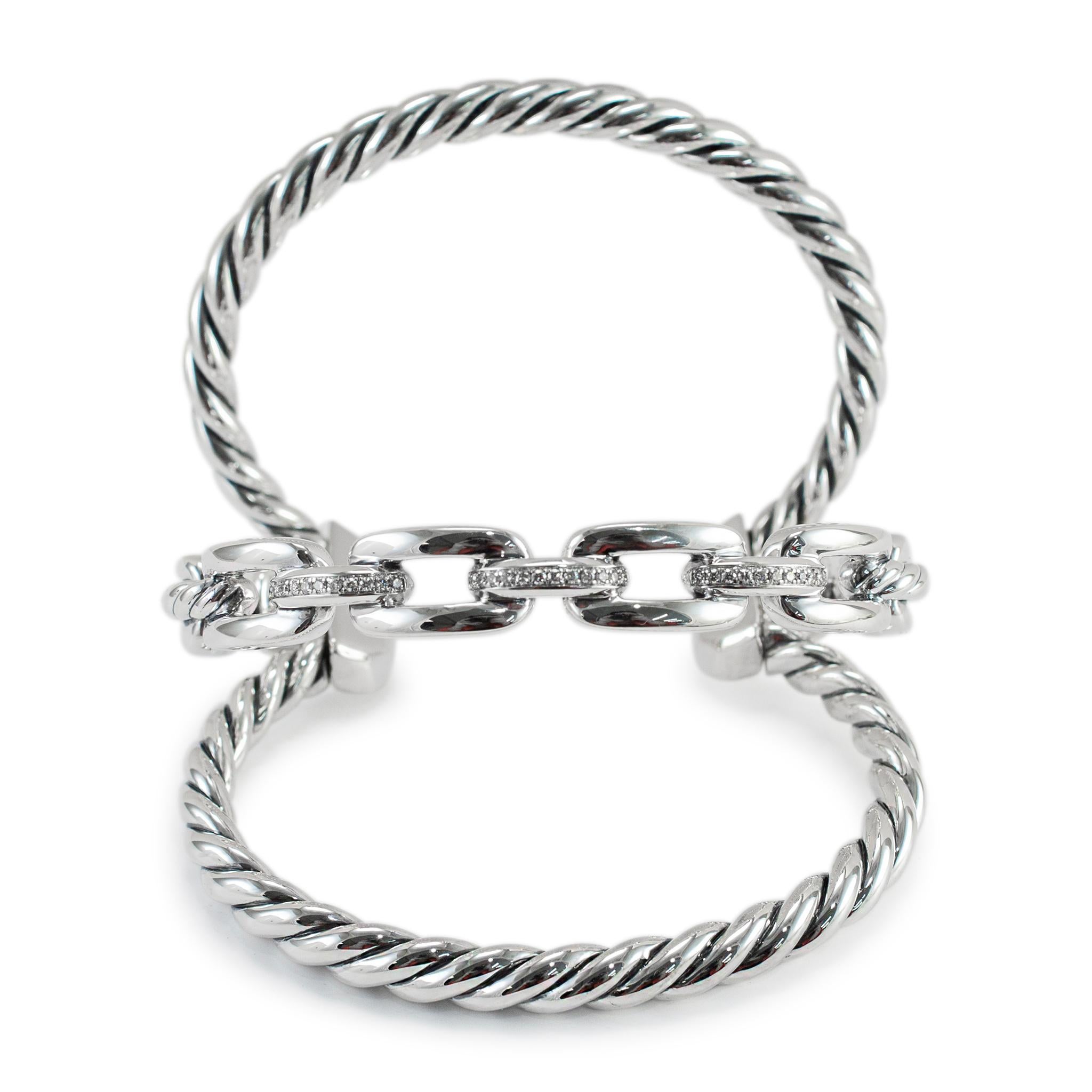 David Yurman 925 Silver Wellesley Three-Row Diamond Cuff Bangle Bracelet In Excellent Condition For Sale In Houston, TX