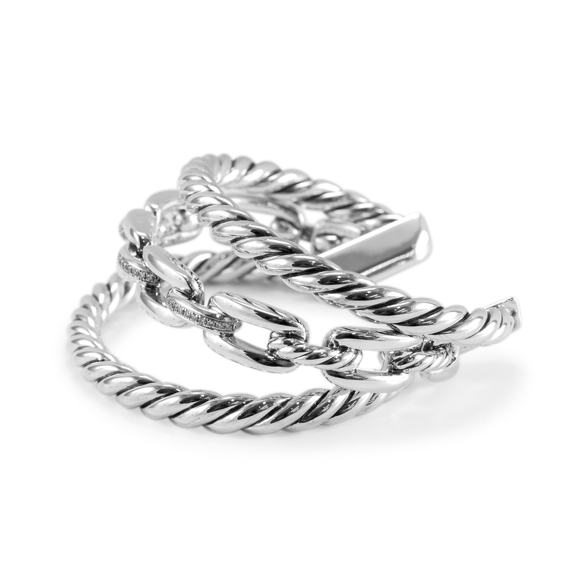 Women's David Yurman 925 Silver Wellesley Three-Row Diamond Cuff Bangle Bracelet For Sale