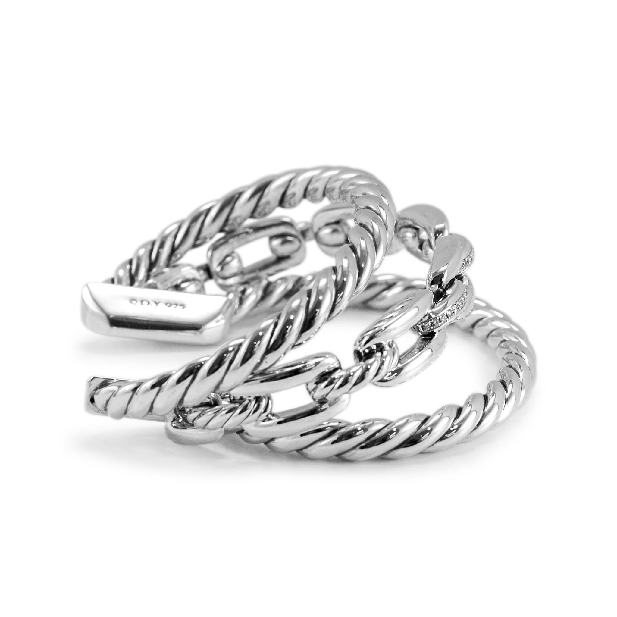 David Yurman 925 Silver Wellesley Three-Row Diamond Cuff Bangle Bracelet For Sale 1
