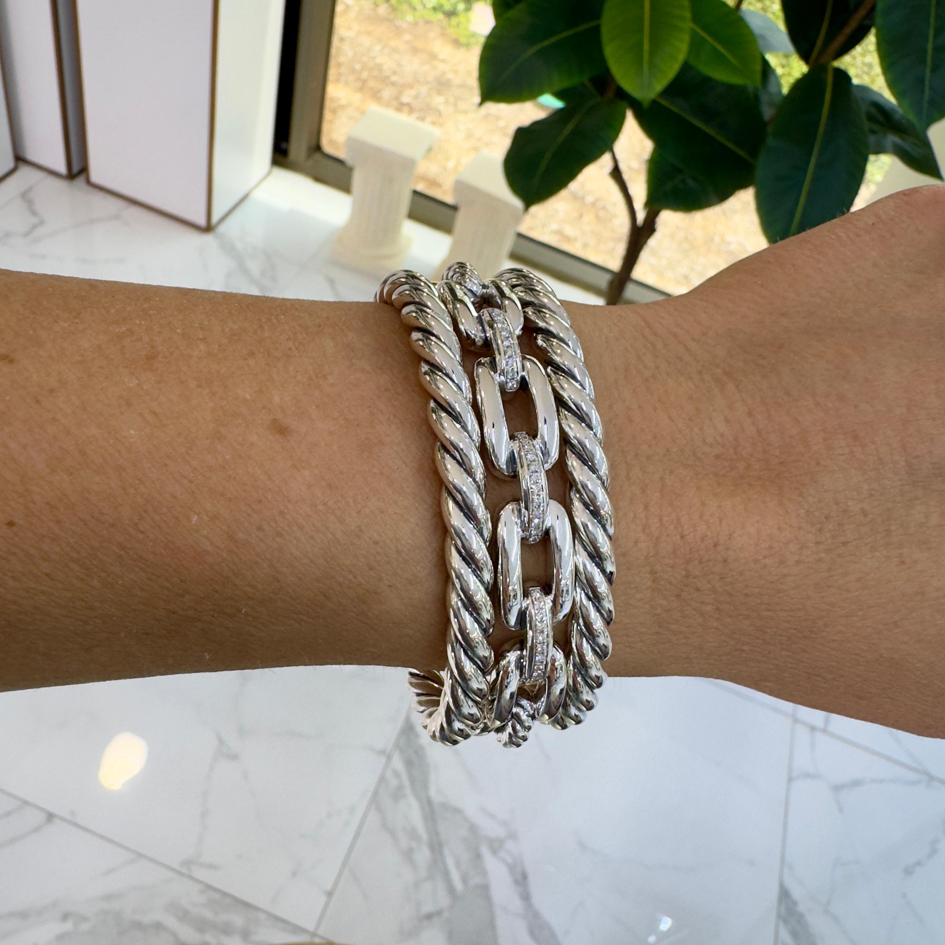 David Yurman 925 Silver Wellesley Three-Row Diamond Cuff Bangle Bracelet For Sale 3