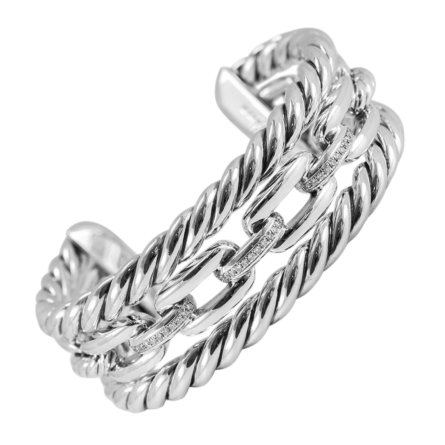 David Yurman 925 Silver Wellesley Three-Row Diamond Cuff Bangle Bracelet For Sale