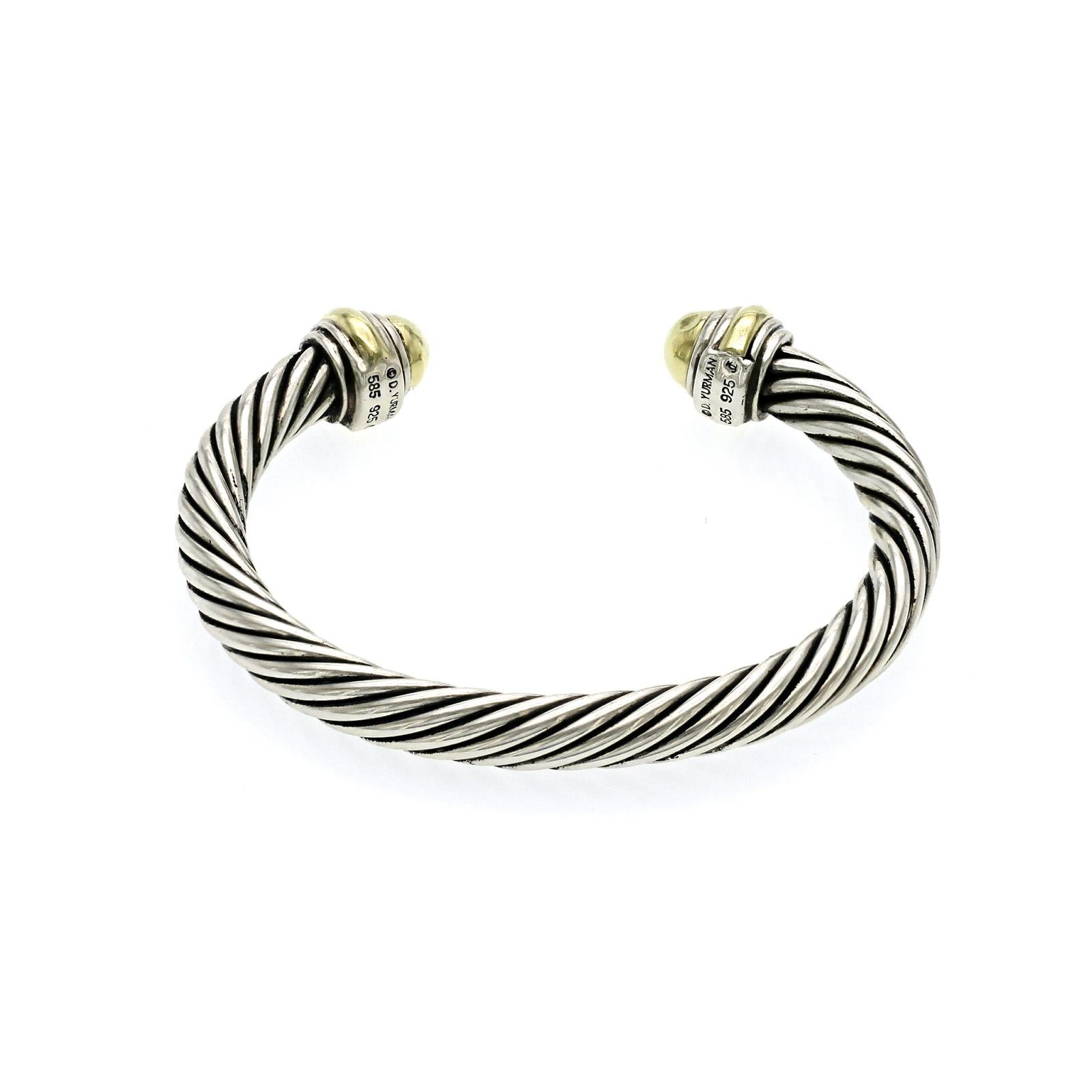 David Yurman 925 Sterling Silver & 14k Gold 7mm Cable Cuff Bracelet Size 6.5