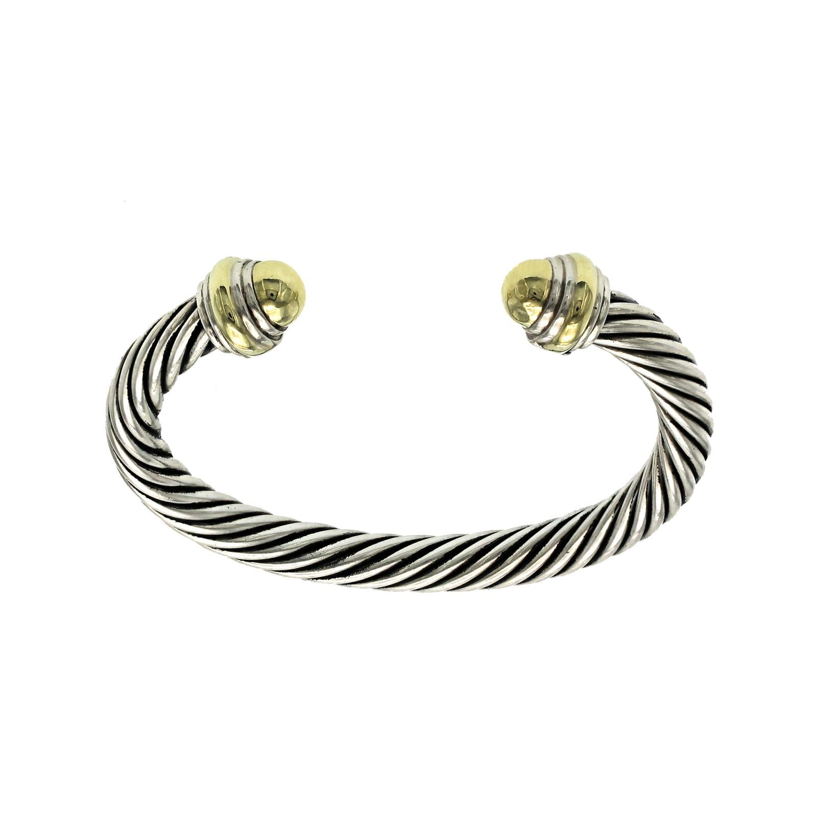 Women's or Men's David Yurman 925 Sterling Silver & 14k Gold 7mm Cable Cuff Bracelet Size 6.5