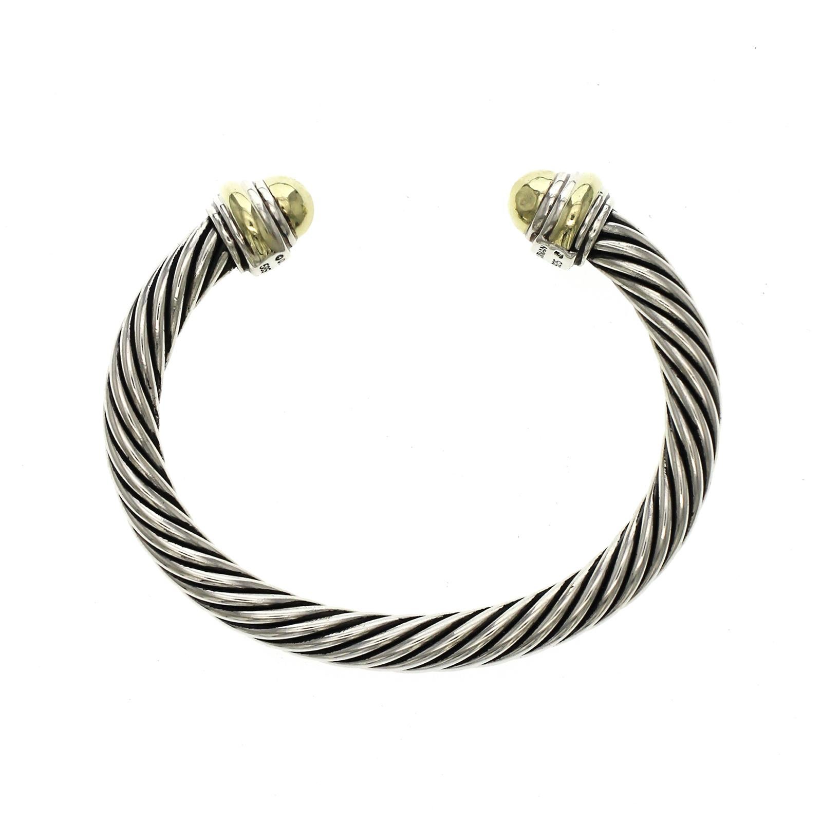David Yurman 925 Sterling Silver & 14k Gold 7mm Cable Cuff Bracelet Size 6.5