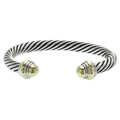 David Yurman 925 Sterling Silver & 14k Gold 7mm Cable Cuff Bracelet Size 6.5"