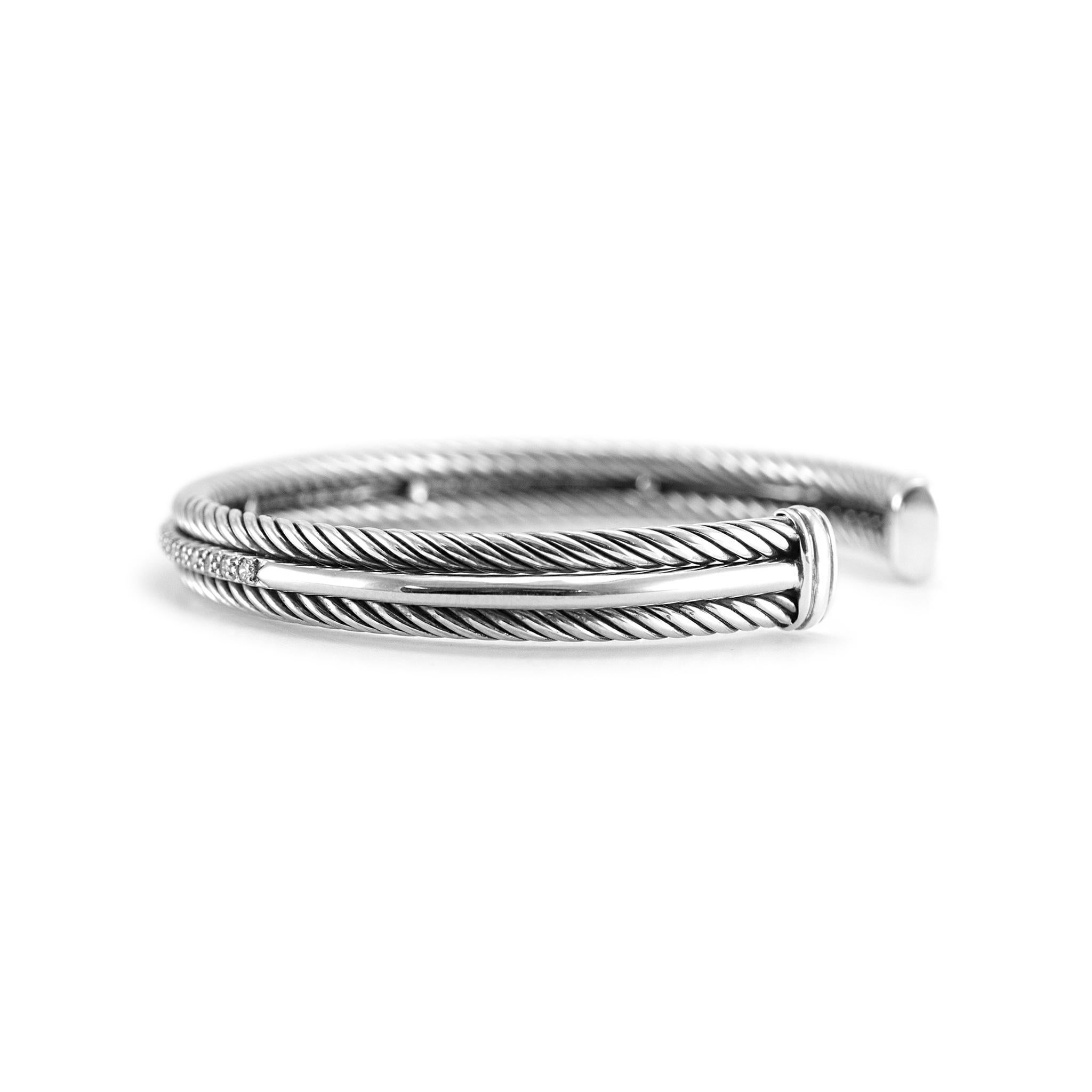 Round Cut David Yurman 925 Sterling Silver & 14K White Gold Diamond Cable Cuff Bracelet