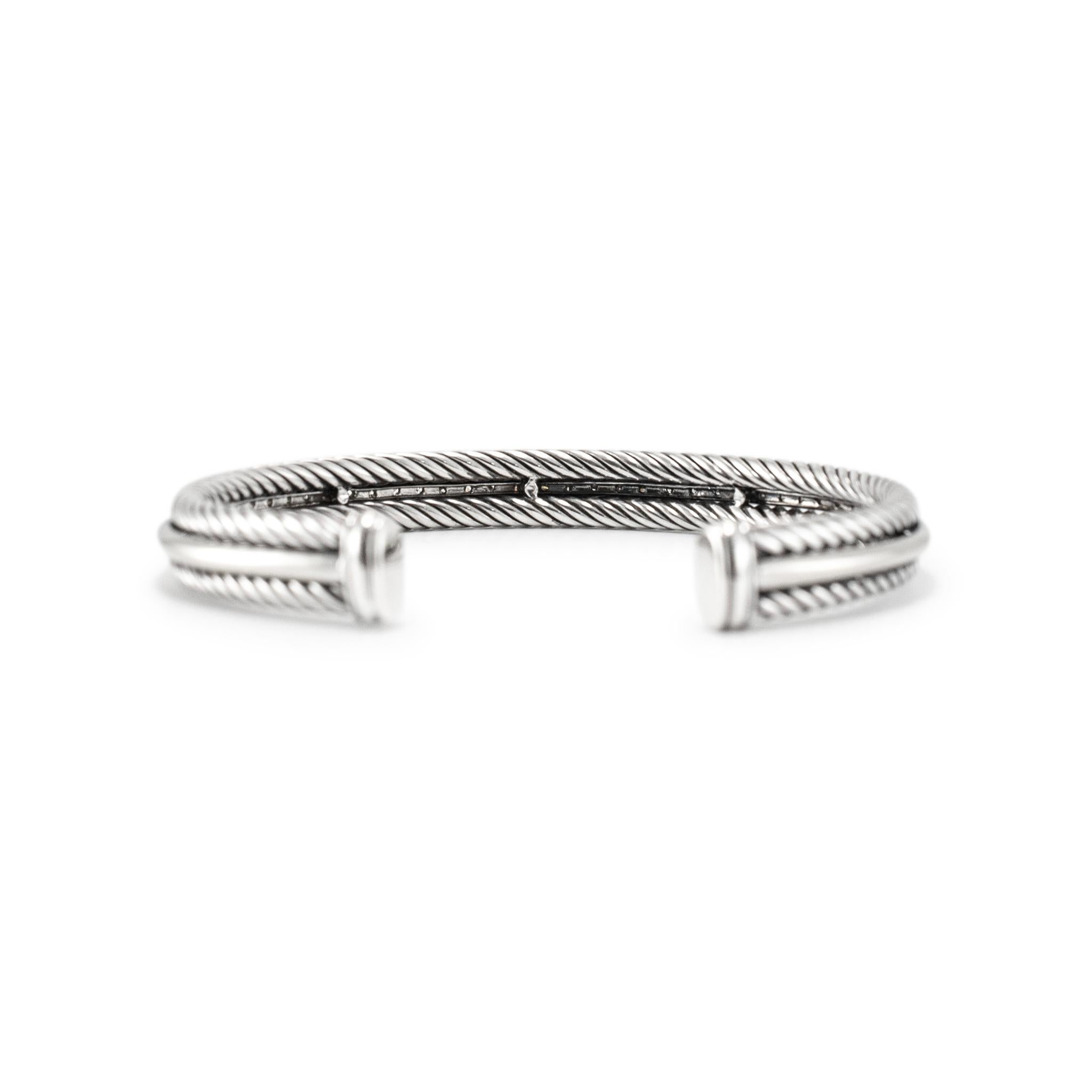 David Yurman 925 Sterling Silver & 14K White Gold Diamond Cable Cuff Bracelet In Excellent Condition In Houston, TX