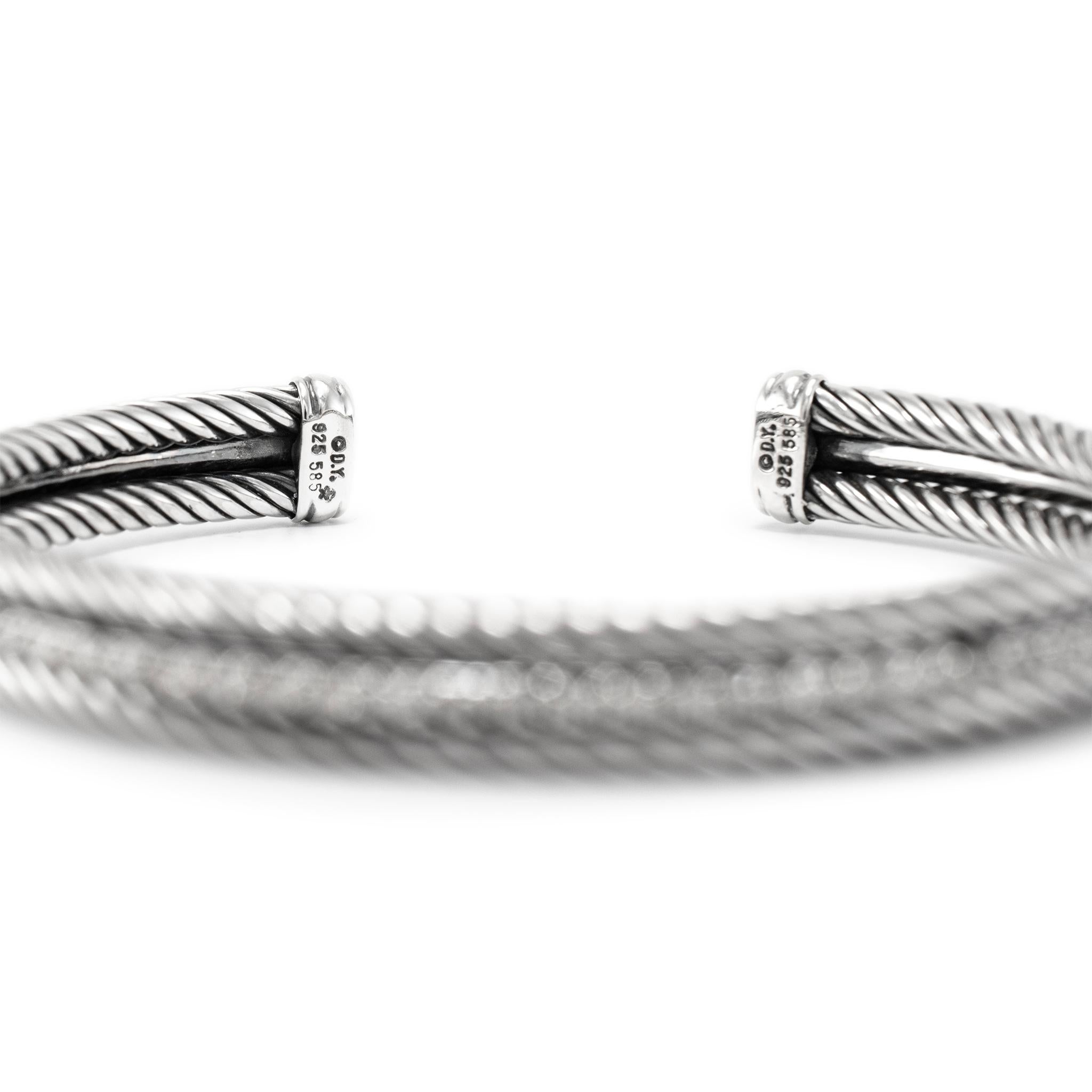 Women's David Yurman 925 Sterling Silver & 14K White Gold Diamond Cable Cuff Bracelet