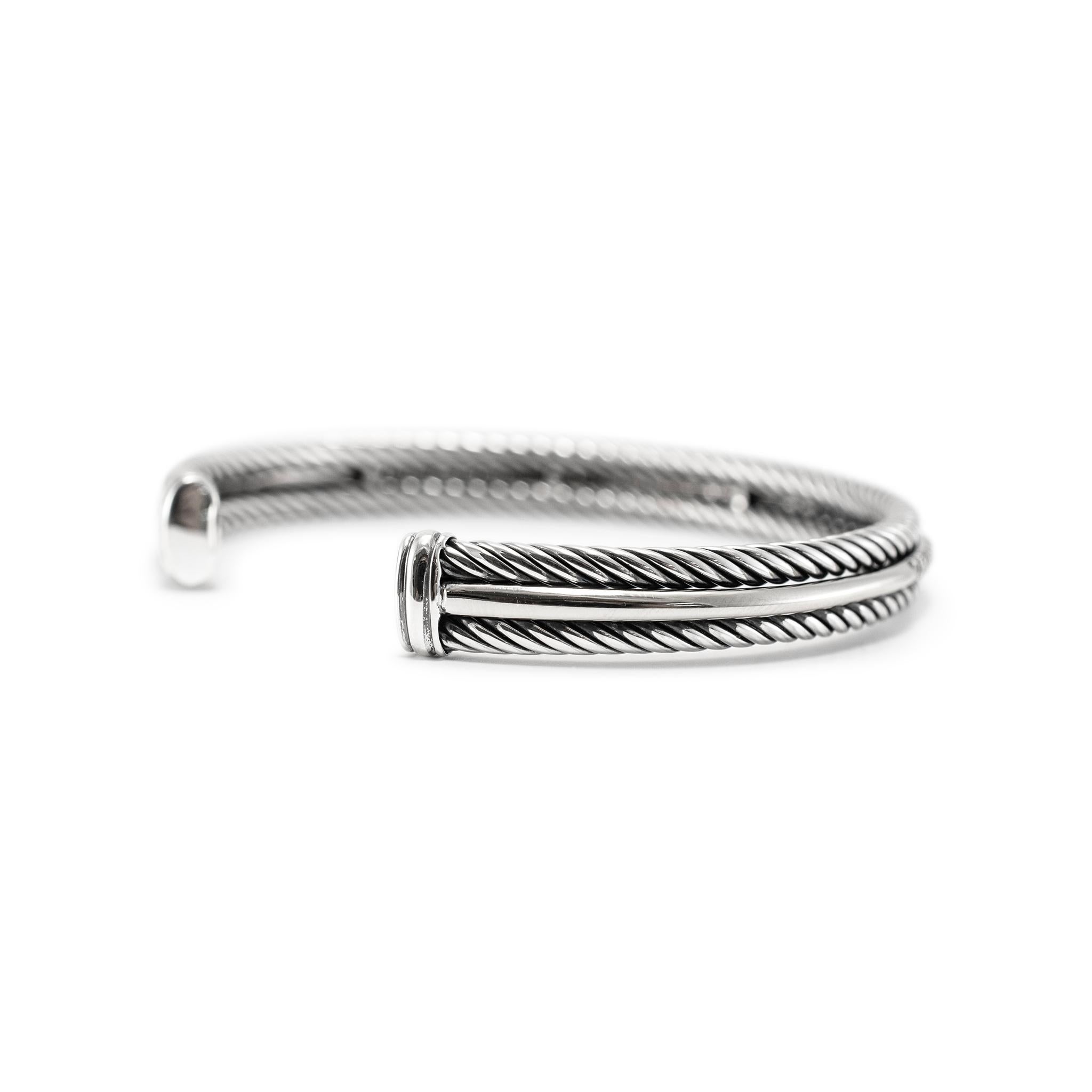 David Yurman 925 Sterling Silver & 14K White Gold Diamond Cable Cuff Bracelet 1