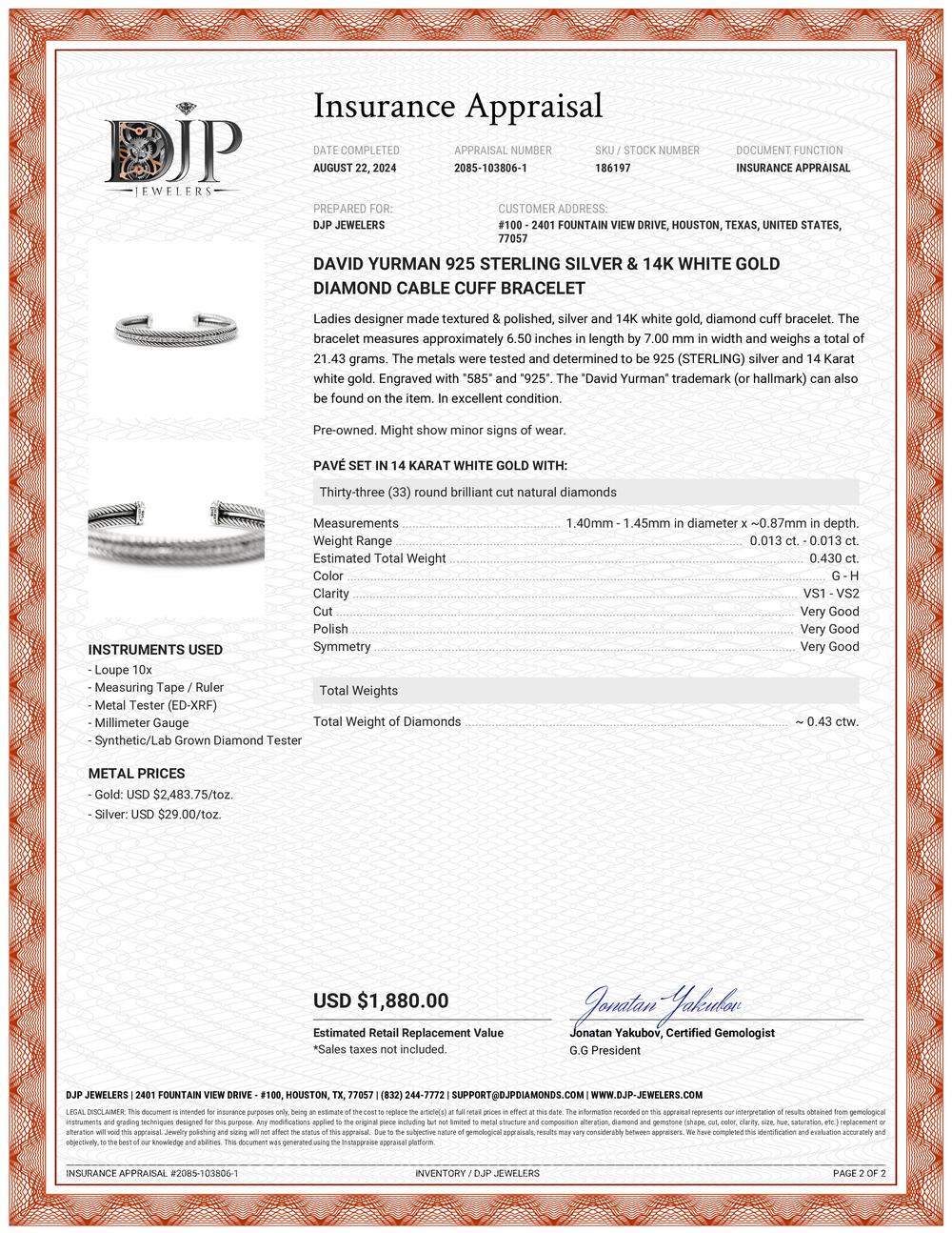 David Yurman 925 Sterling Silver & 14K White Gold Diamond Cable Cuff Bracelet 2