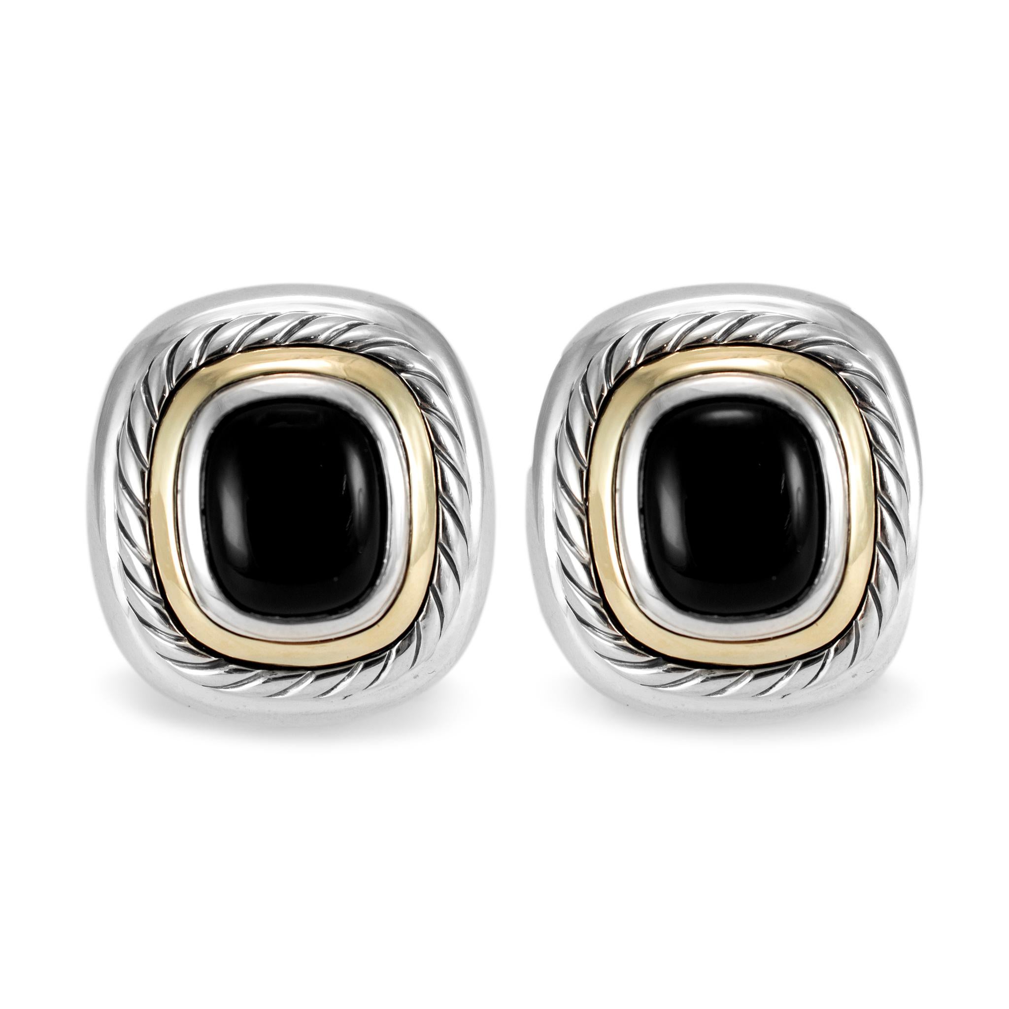 Oval Cut David Yurman 925 Sterling Silver 14K Yellow Gold Cable Black Onyx Stud Earrings For Sale