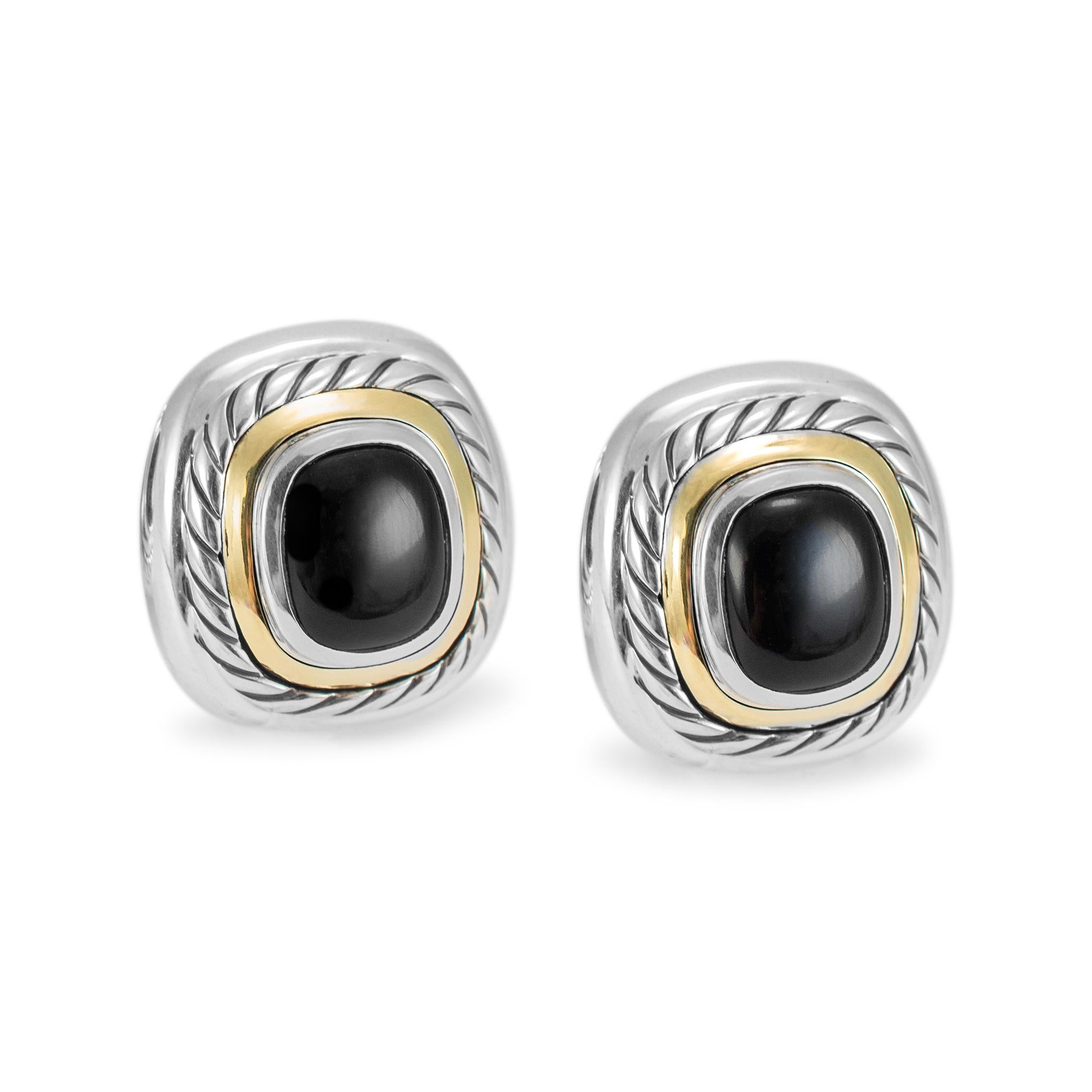 David Yurman 925 Sterling Silver 14K Yellow Gold Cable Black Onyx Stud Earrings In Excellent Condition For Sale In Houston, TX