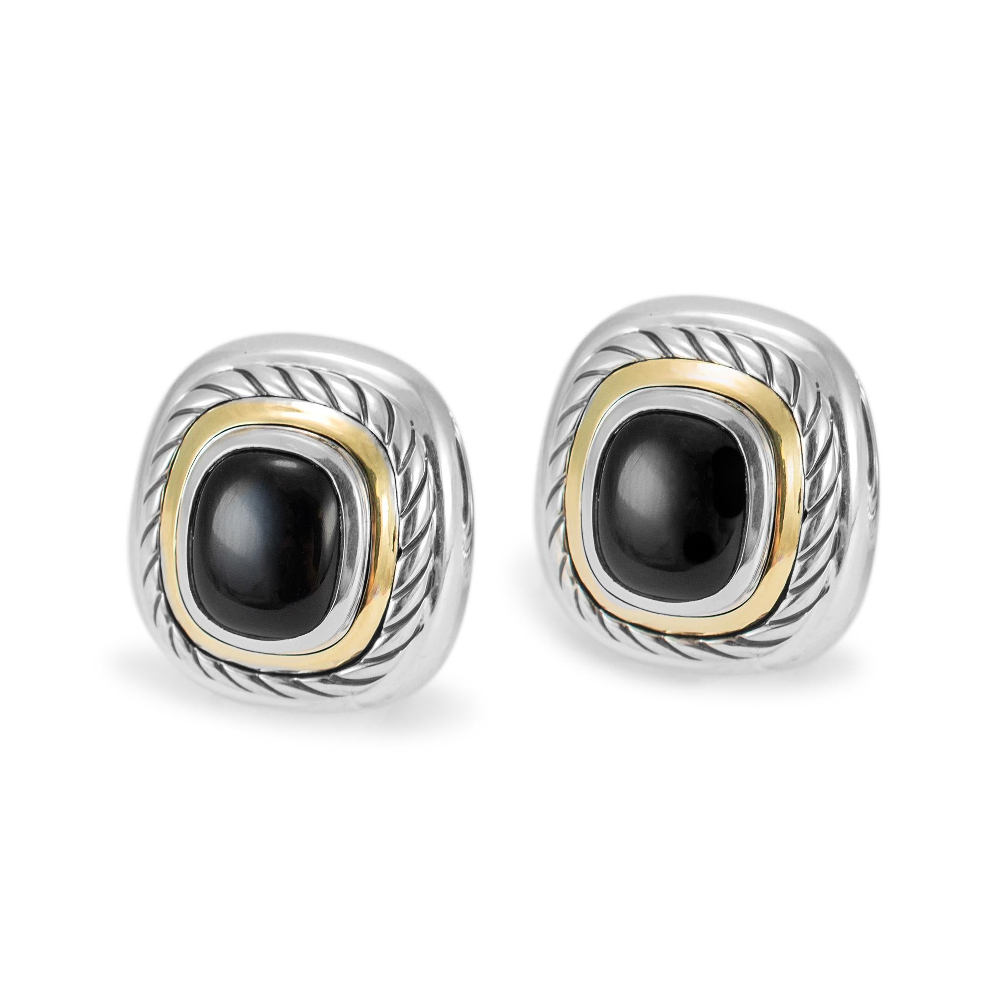 Women's David Yurman 925 Sterling Silver 14K Yellow Gold Cable Black Onyx Stud Earrings For Sale