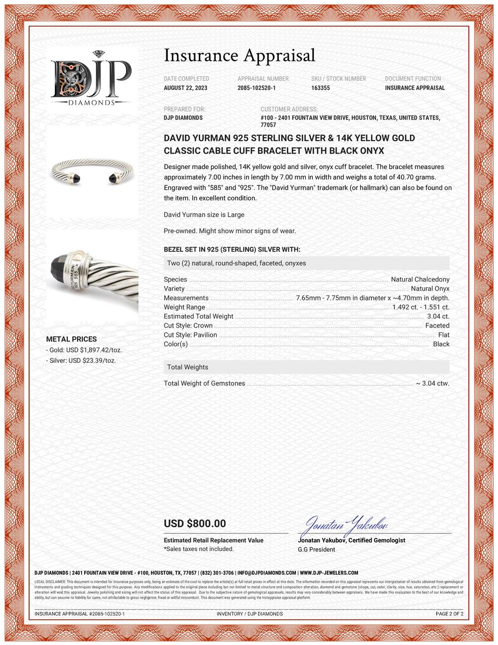 David Yurman 925 Sterling Silver 14K Yellow Gold Cable Cuff Bracelet Black Onyx 3