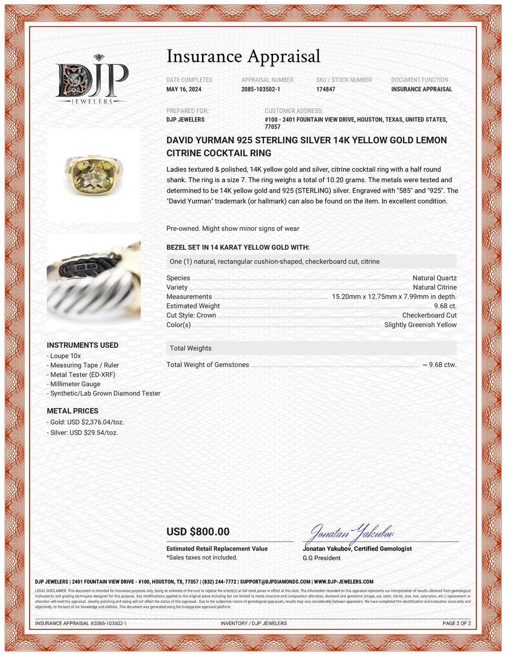 David Yurman 925 Sterlingsilber 14K Gelbgold Zitronen Citrin Cocktail-Ring 3