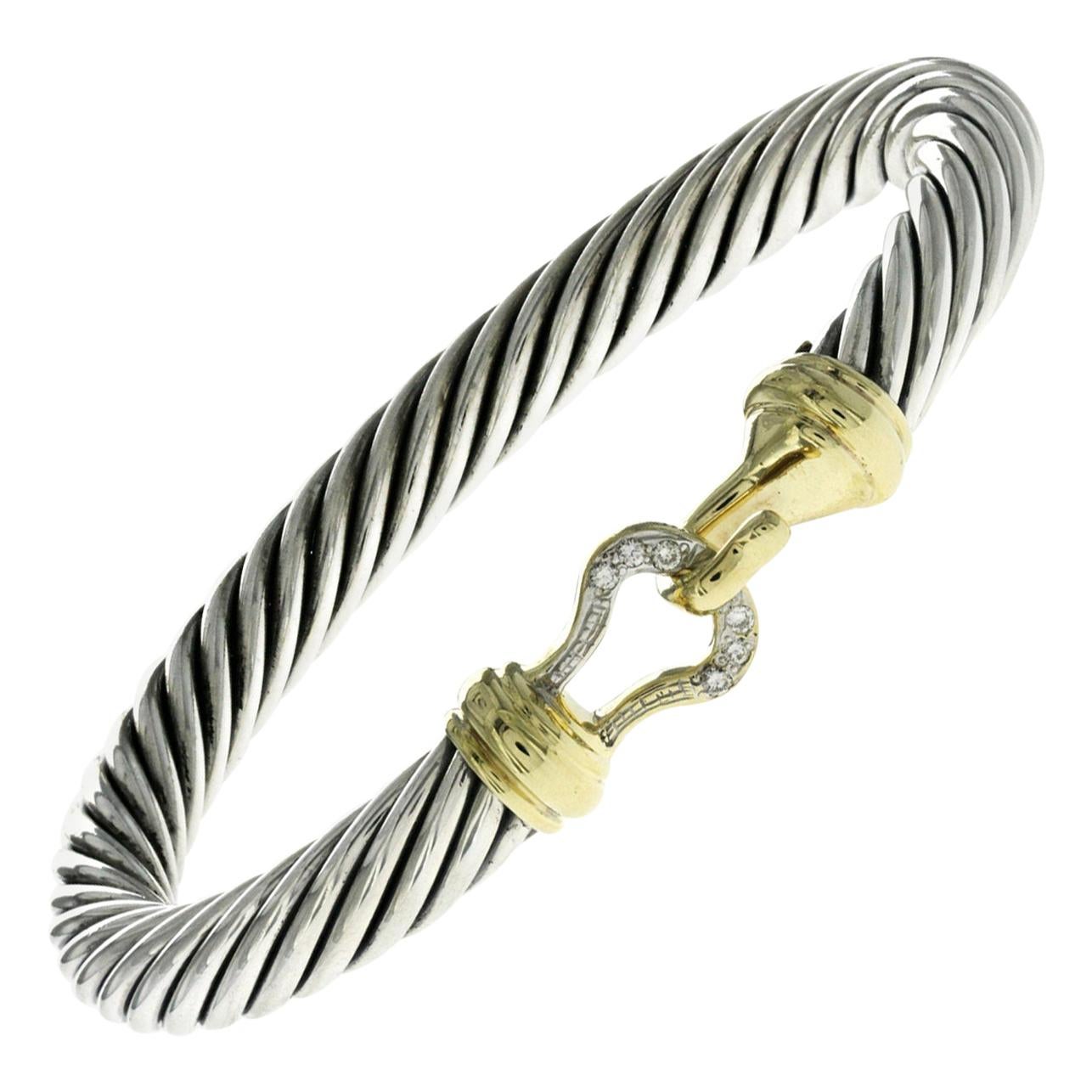 David Yurman 925 Sterling Silver & 18k Gold Diamond Hook Bangle Bracelet