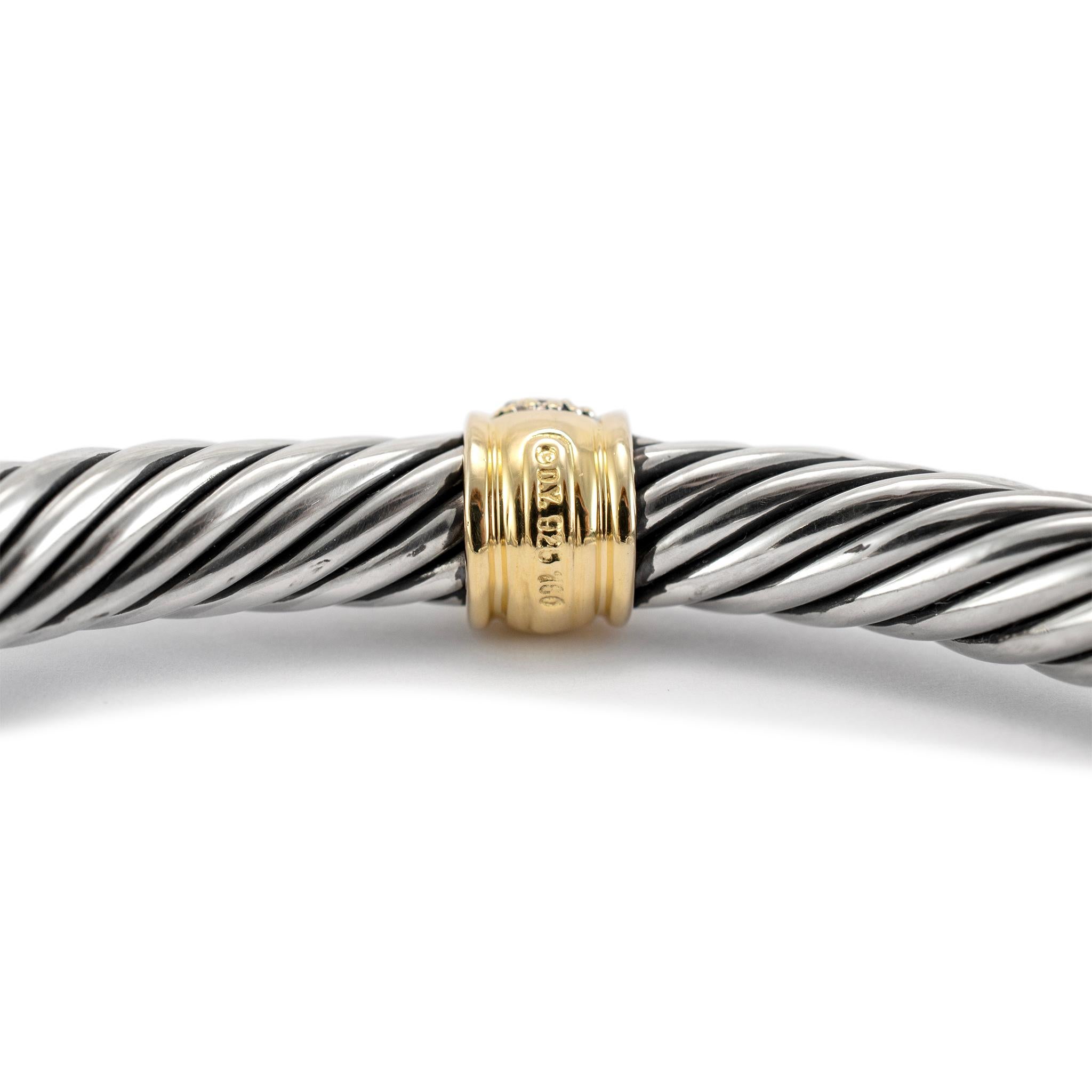 David Yurman 925 Sterling Silber Gelbgold Diamant Classic Kabel Manschette Armband im Zustand „Hervorragend“ in Houston, TX