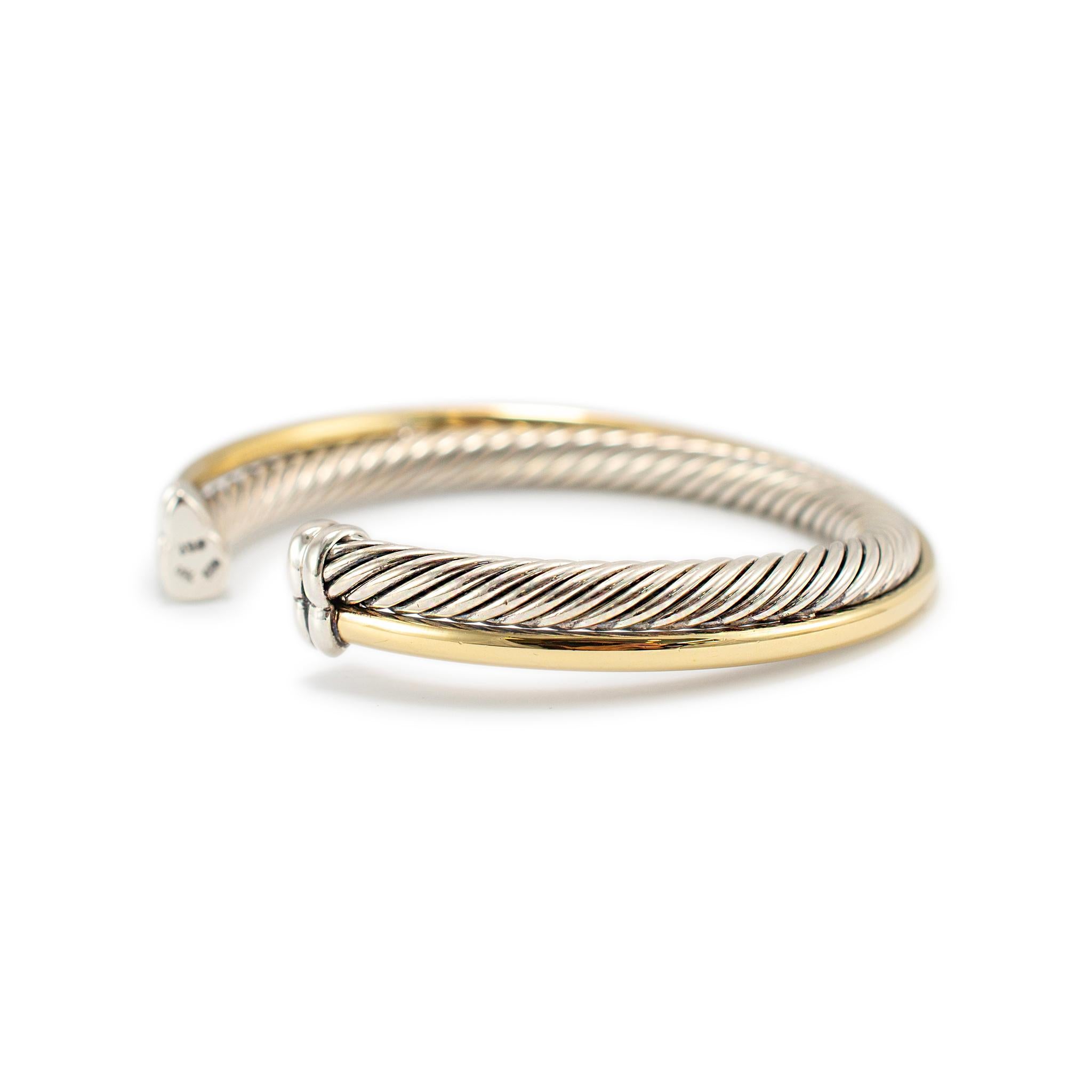 Brand: David Yurman 

Gender: Ladies 

Metal Type: 18K Yellow Gold and 925 Sterling Silver

Length: 6.25 inches

Width: 5.00 mm

Weight: 35.71 grams

Ladies 18K yellow gold and silver cuff bracelet. The metals were tested and determined to be 18K