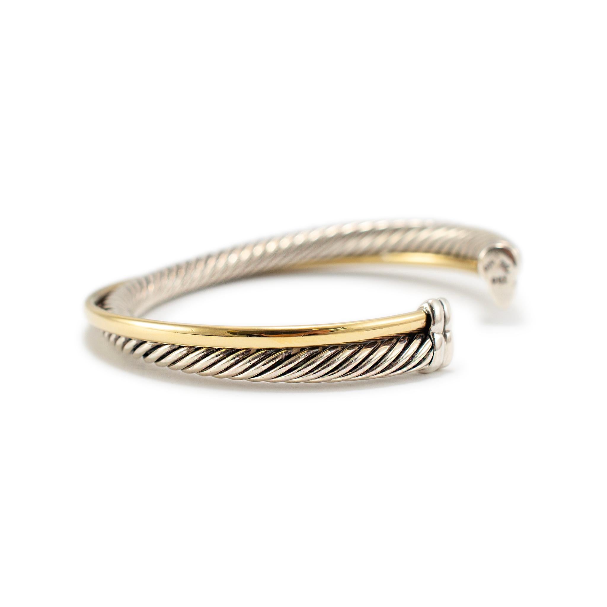 David Yurman 925 Sterling Silver 18K Yellow Gold Crossover Two Row Cuff Bracelet In Excellent Condition In Houston, TX
