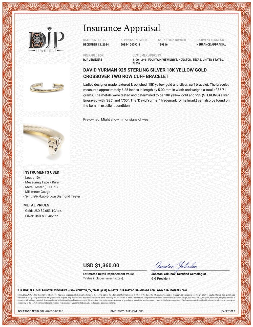 David Yurman 925 Sterling Silver 18K Yellow Gold Crossover Two Row Cuff Bracelet 1