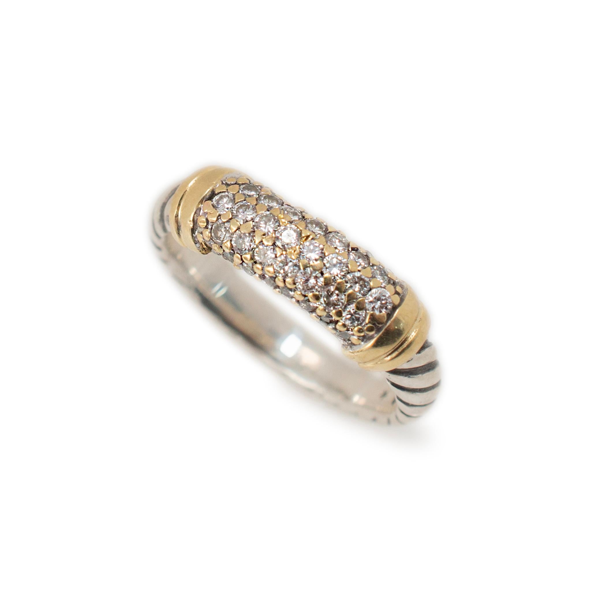 Brand: David Yurman

Gender: Ladies

Metal Type: 18K Yellow Gold and 925 Sterling Silver

Ring Size: 6.00

Width: 6.00 mm

Weight: 4.17 grams

Ladies 18K yellow gold and silver contoured diamond band with a half-round shank. The metals were tested