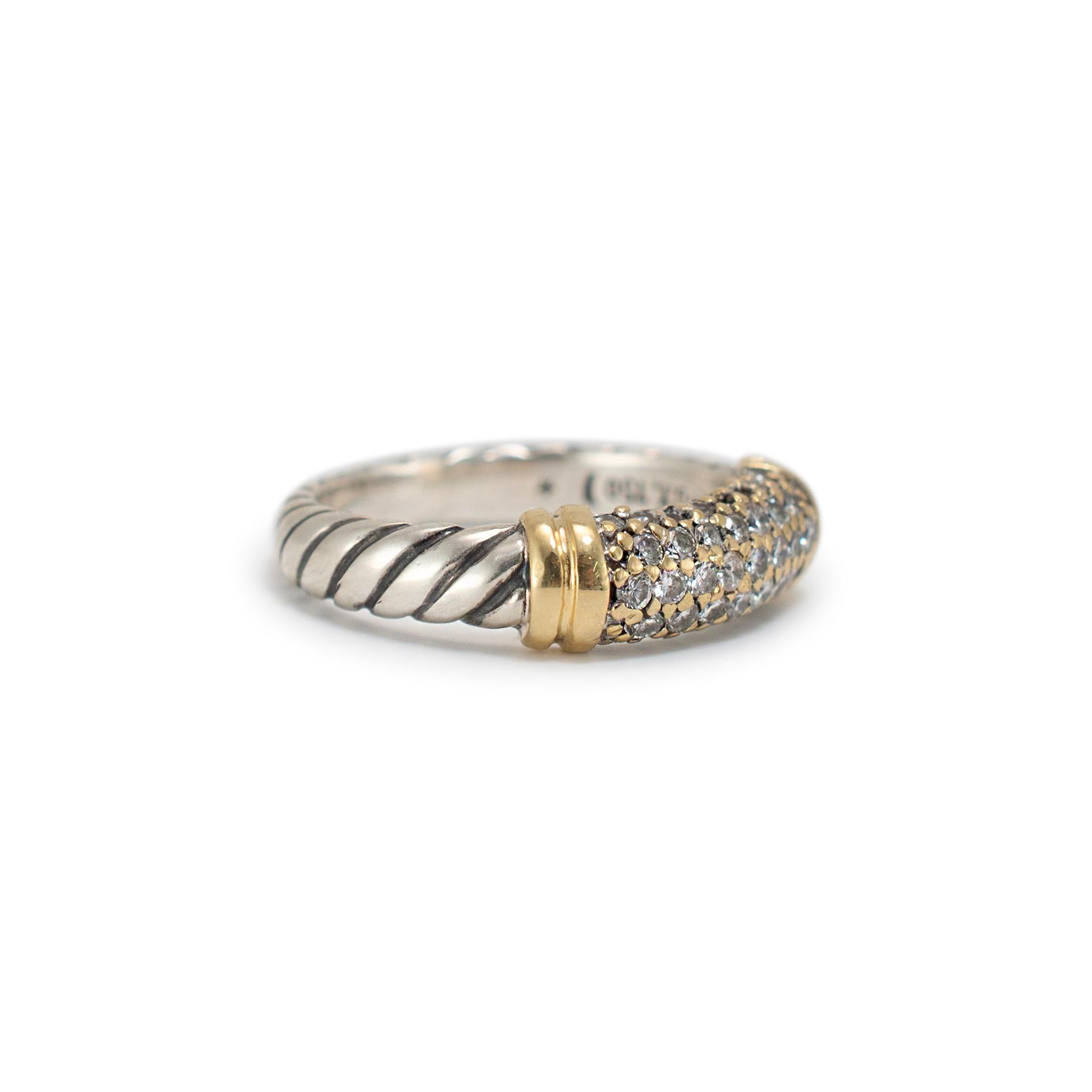 Round Cut David Yurman 925 Sterling Silver 18K Yellow Gold Diamond Metro Cable Band Ring