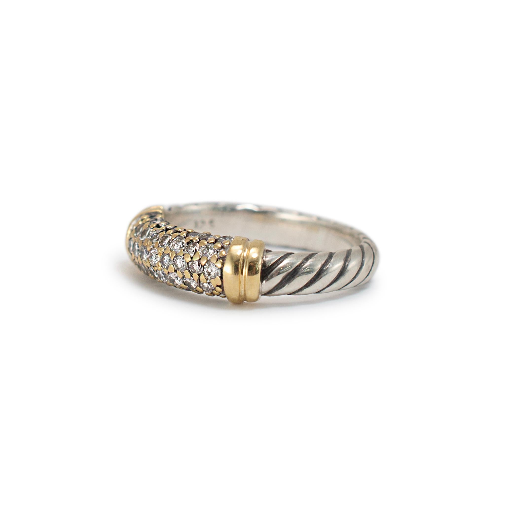 David Yurman 925 Sterling Silver 18K Yellow Gold Diamond Metro Cable Band Ring In Excellent Condition In Houston, TX