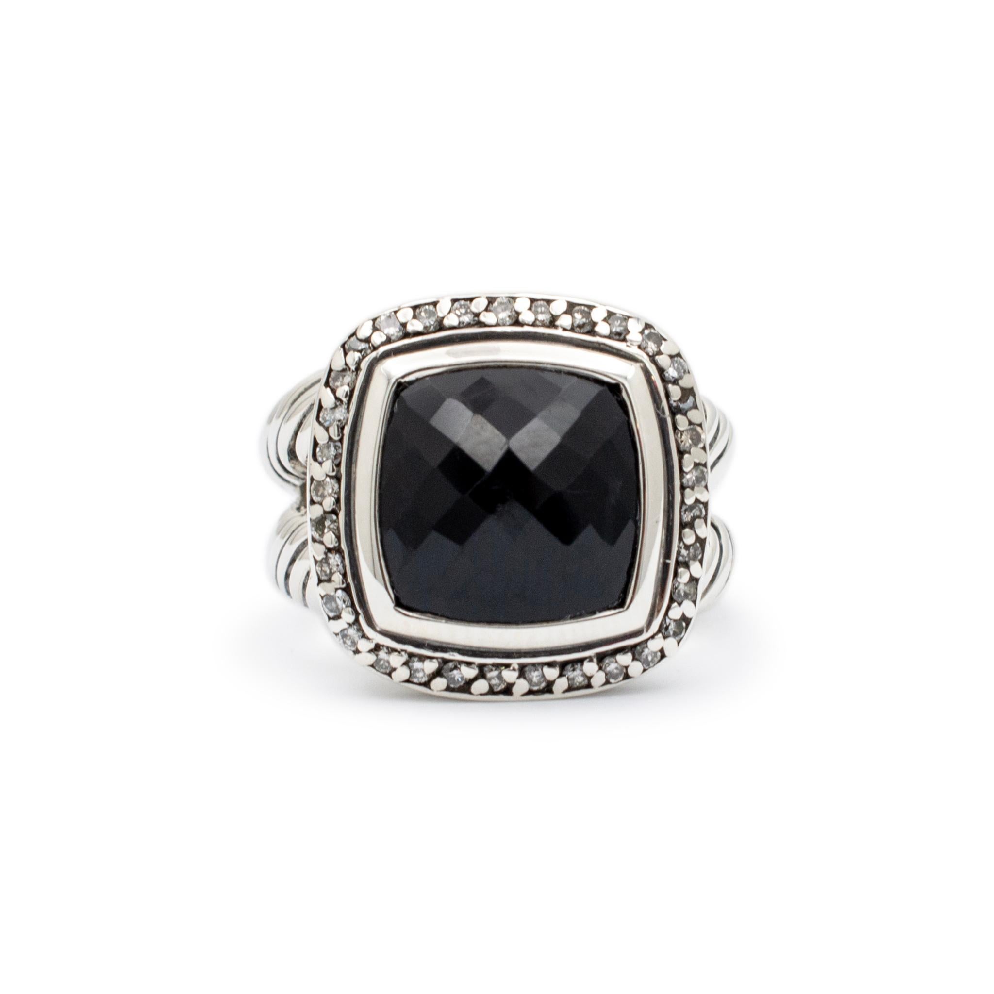 Brand: David Yurman

Metal Type: Sterling Silver

Size: 6

Shank Maximum Width: 9.70mm

Head measurement: 16.00mm x 15.75mm

Weight: 7.70 grams

Silver onyx and diamond cocktail ring with a split-shank. Engraved with 