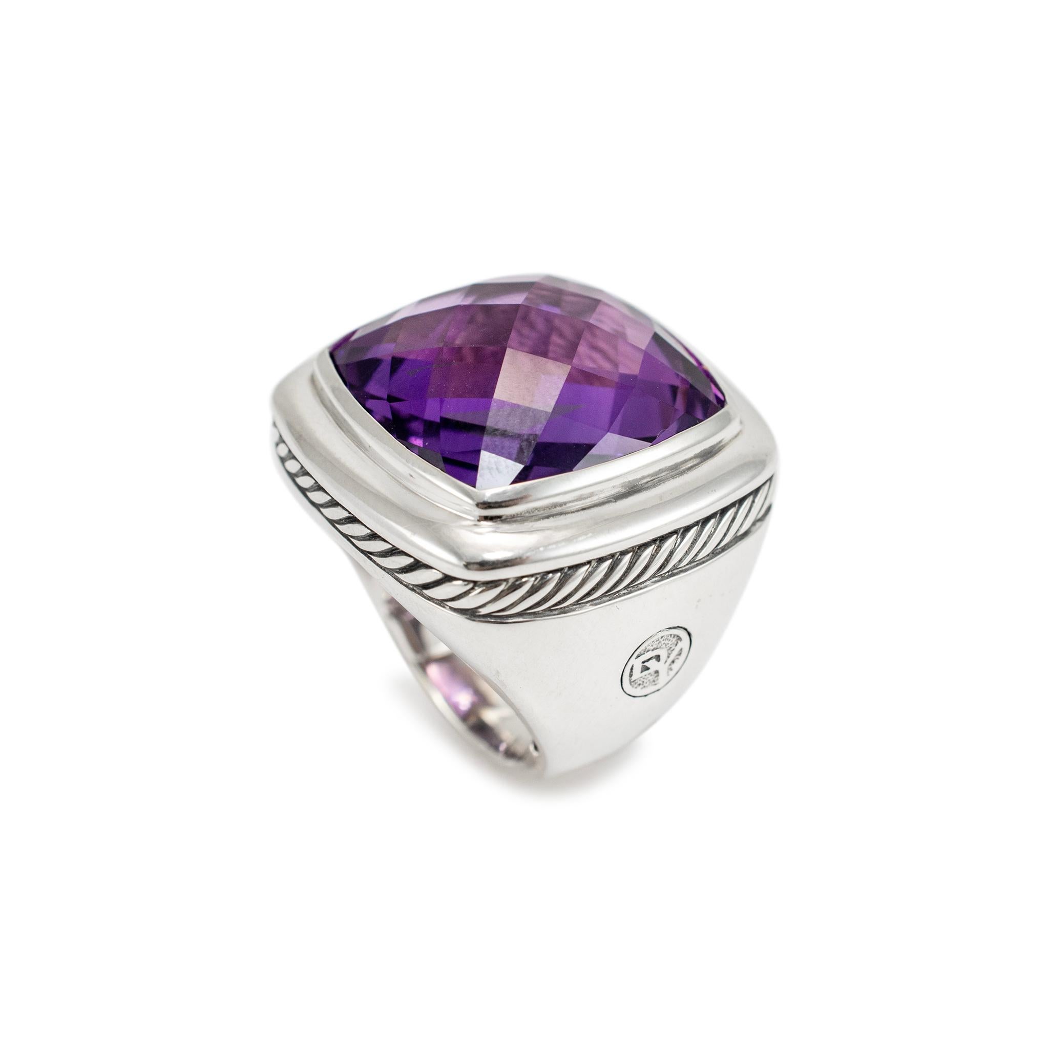 Brand: David Yurman

Gender: Ladies

Metal Type: 925 Sterling Silver

Size: 6

Width: 26.00 mm tapering to 6.40 mm

Weight: 28.27 Grams

One ladies designer made textured & polished silver amethyst cocktail ring with a tapered, comfort-fit shank.