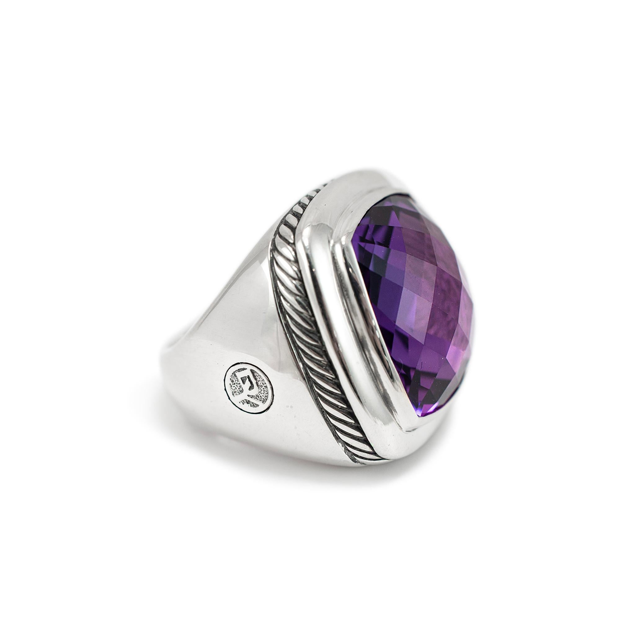 David Yurman 925 Sterling Silver Amethyst Albion Cocktail Ring In Excellent Condition For Sale In Houston, TX