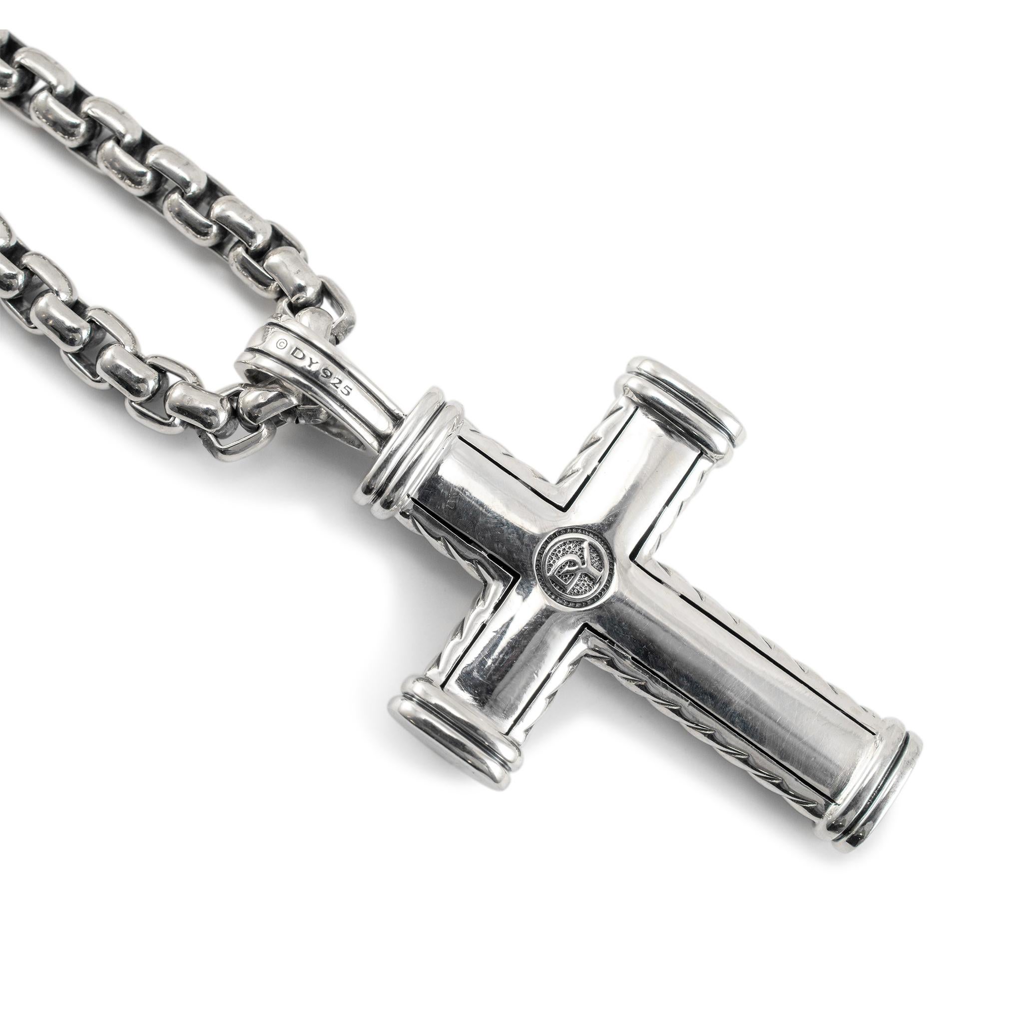 Round Cut David Yurman 925 Sterling Silver Black Diamonds Chevron Cross Pendant Necklace
