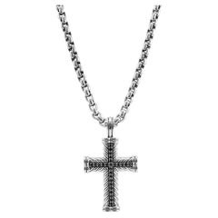 David Yurman 925 Sterling Silver Black Diamonds Chevron Cross Pendant Necklace