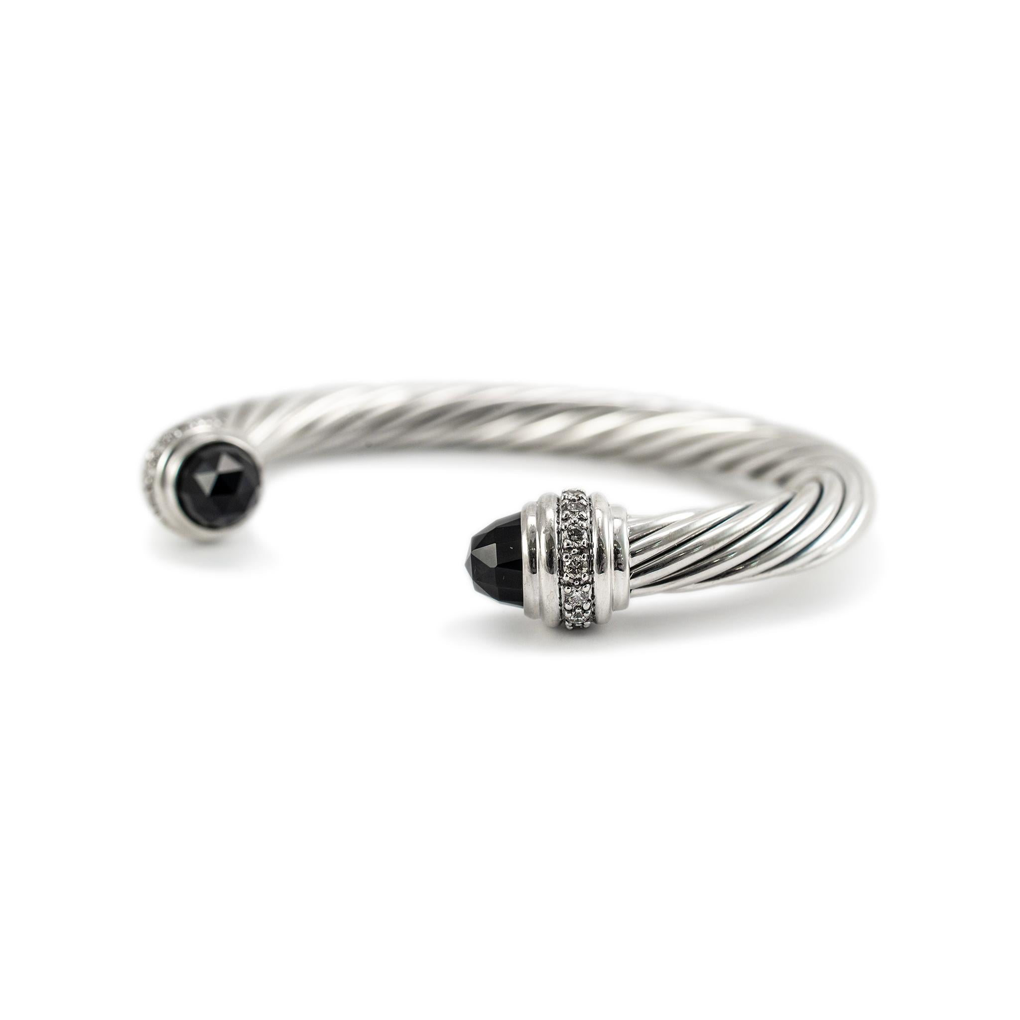 David Yurman 925 Sterling Silber Schwarz Onyx Diamanten Classic Kabel Manschette Armband (Rundschliff)
