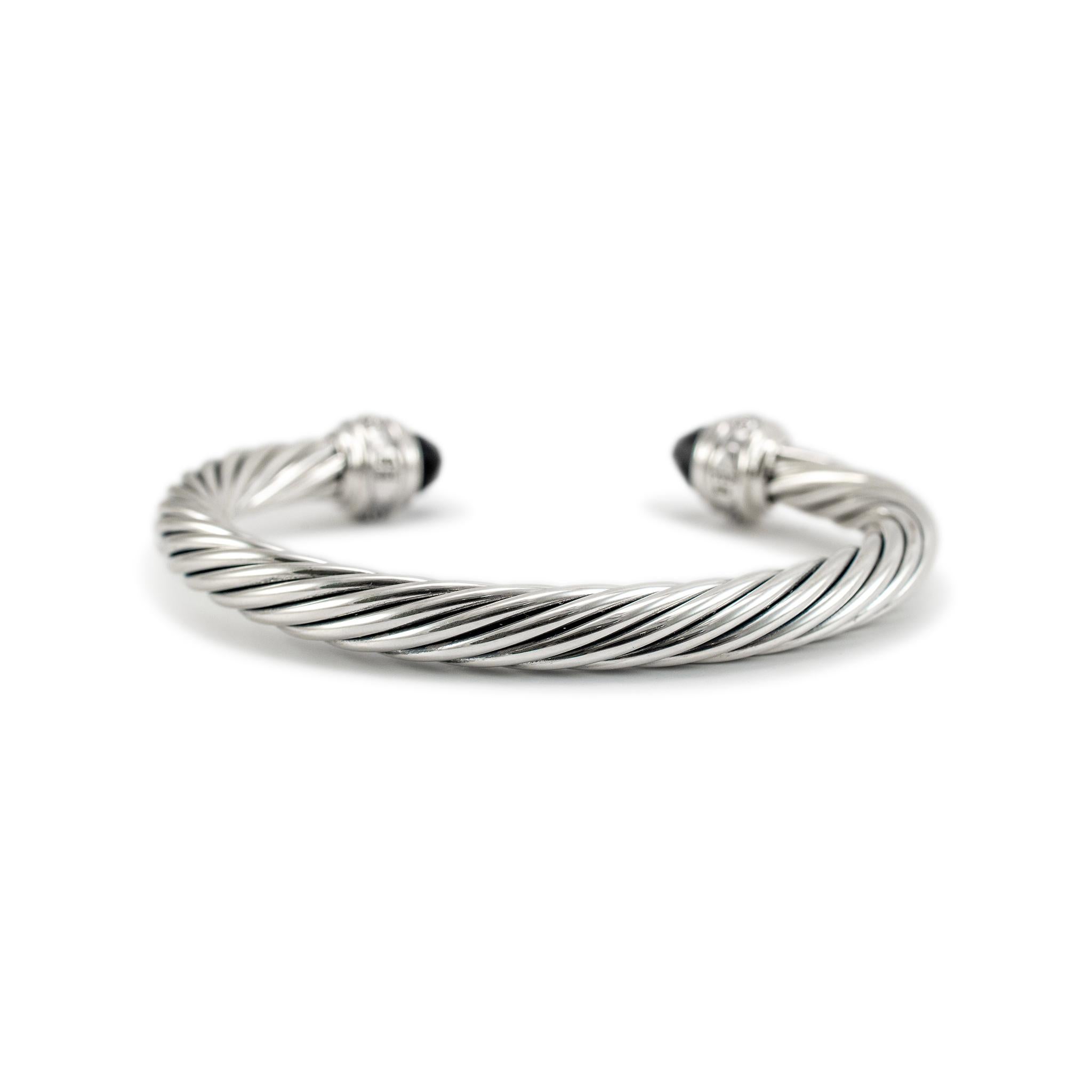 David Yurman 925 Sterling Silber Schwarz Onyx Diamanten Classic Kabel Manschette Armband im Zustand „Hervorragend“ in Houston, TX