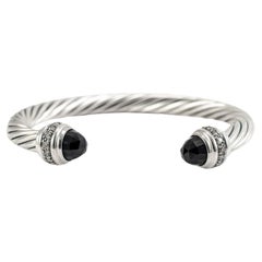 David Yurman 925 Sterling Silber Schwarz Onyx Diamanten Classic Kabel Manschette Armband