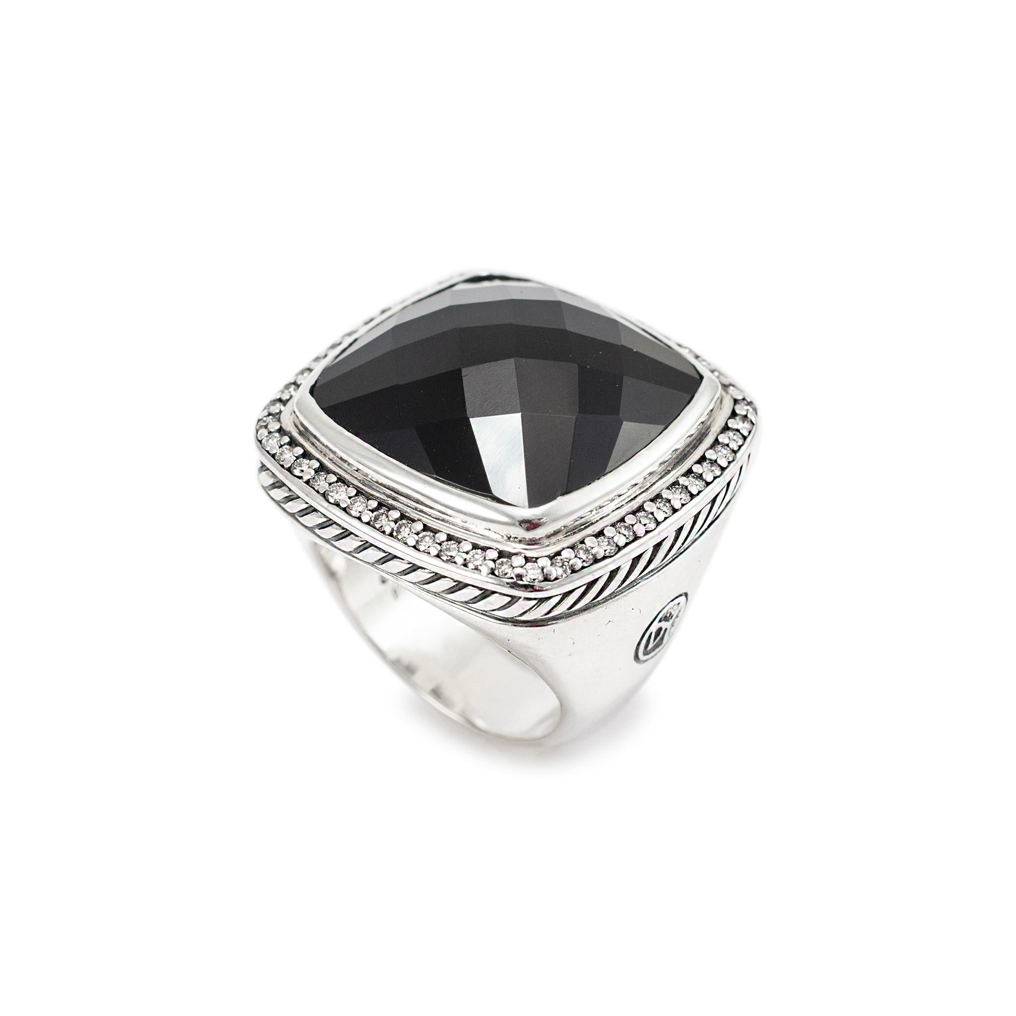 Brand: David Yurman

Gender: Ladies

Metal Type: 925 Sterling Silver

Size: 7 

Width: 26.00 mm tapering to 6.40 mm

Weight: 24.84 Grams

One ladies designer made textured & polished silver, diamond and onyx halo, cocktail ring with a tapered,