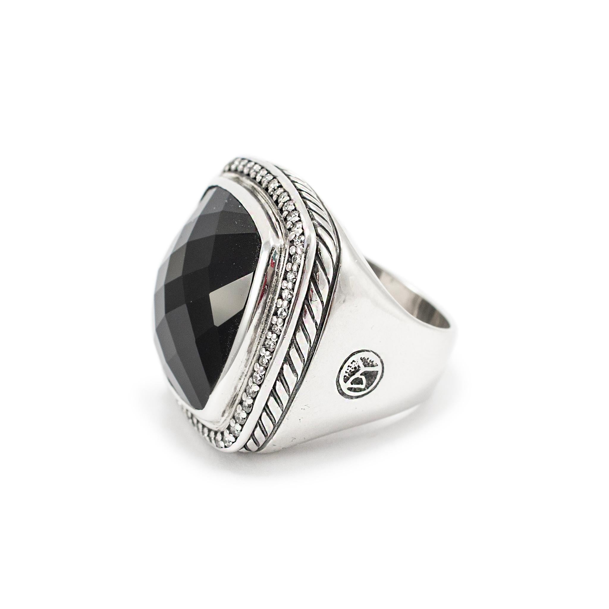 Square Cut David Yurman 925 Sterling Silver Black Onyx Halo Diamond Albion Cocktail Ring For Sale