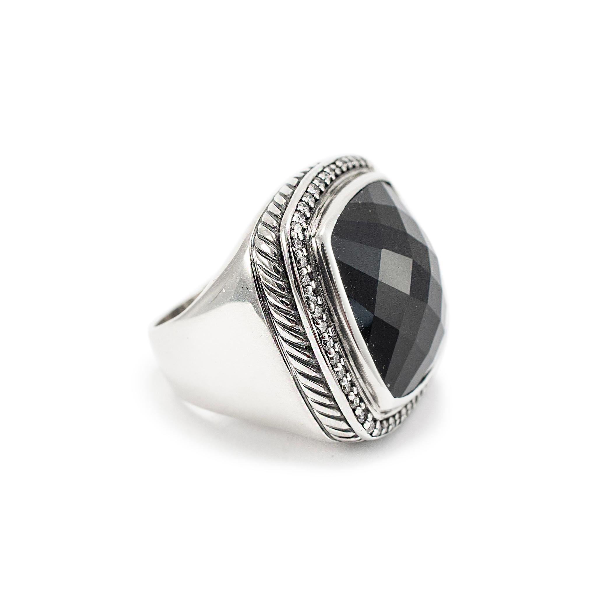 David Yurman 925 Sterling Silver Black Onyx Halo Diamond Albion Cocktail Ring In Excellent Condition For Sale In Houston, TX